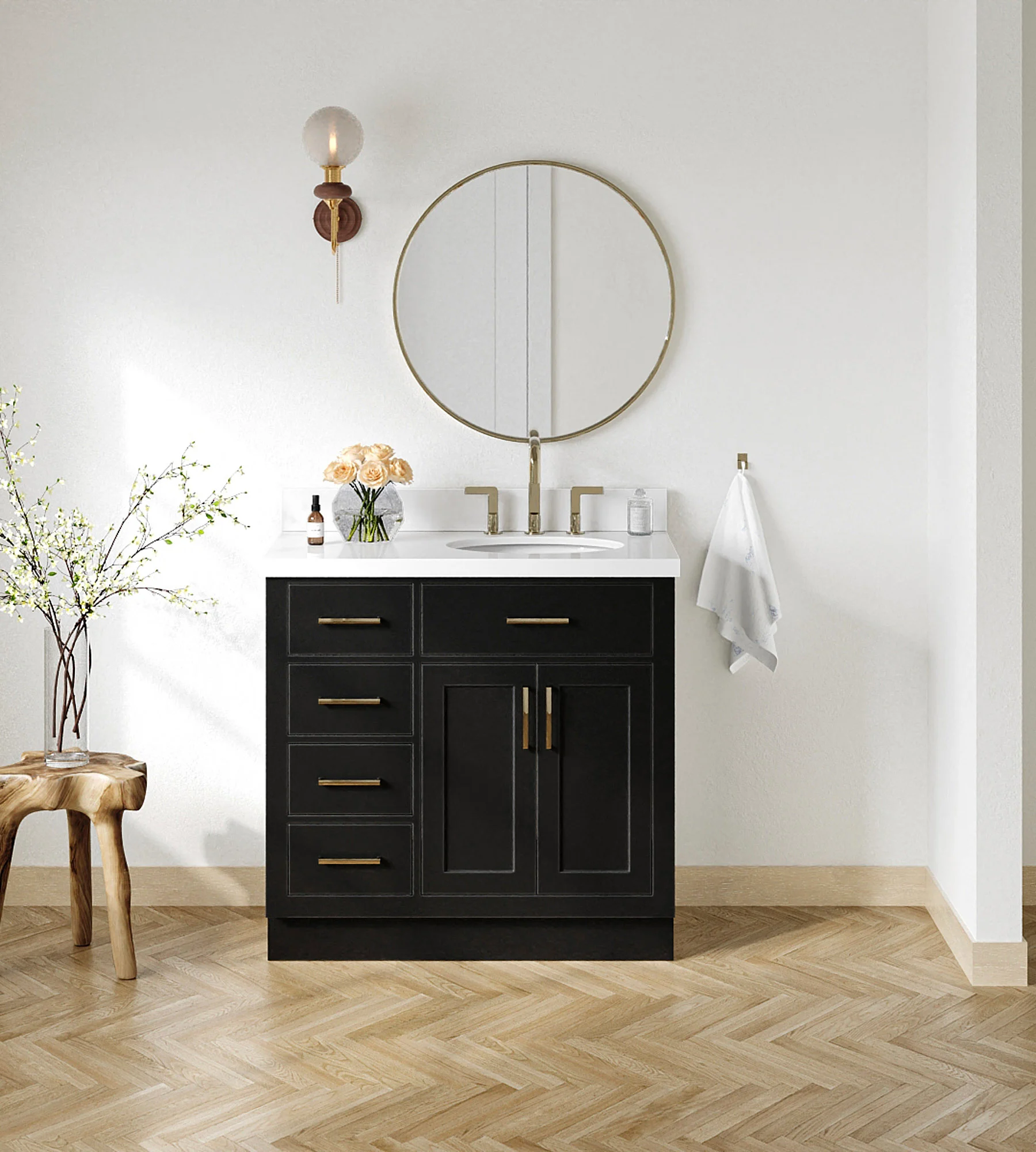 ARIEL Hepburn 37 Inch Right Offset Oval Sink Bathroom Vanity With White Quartz Countertop 1.5 Inch Edge In Black