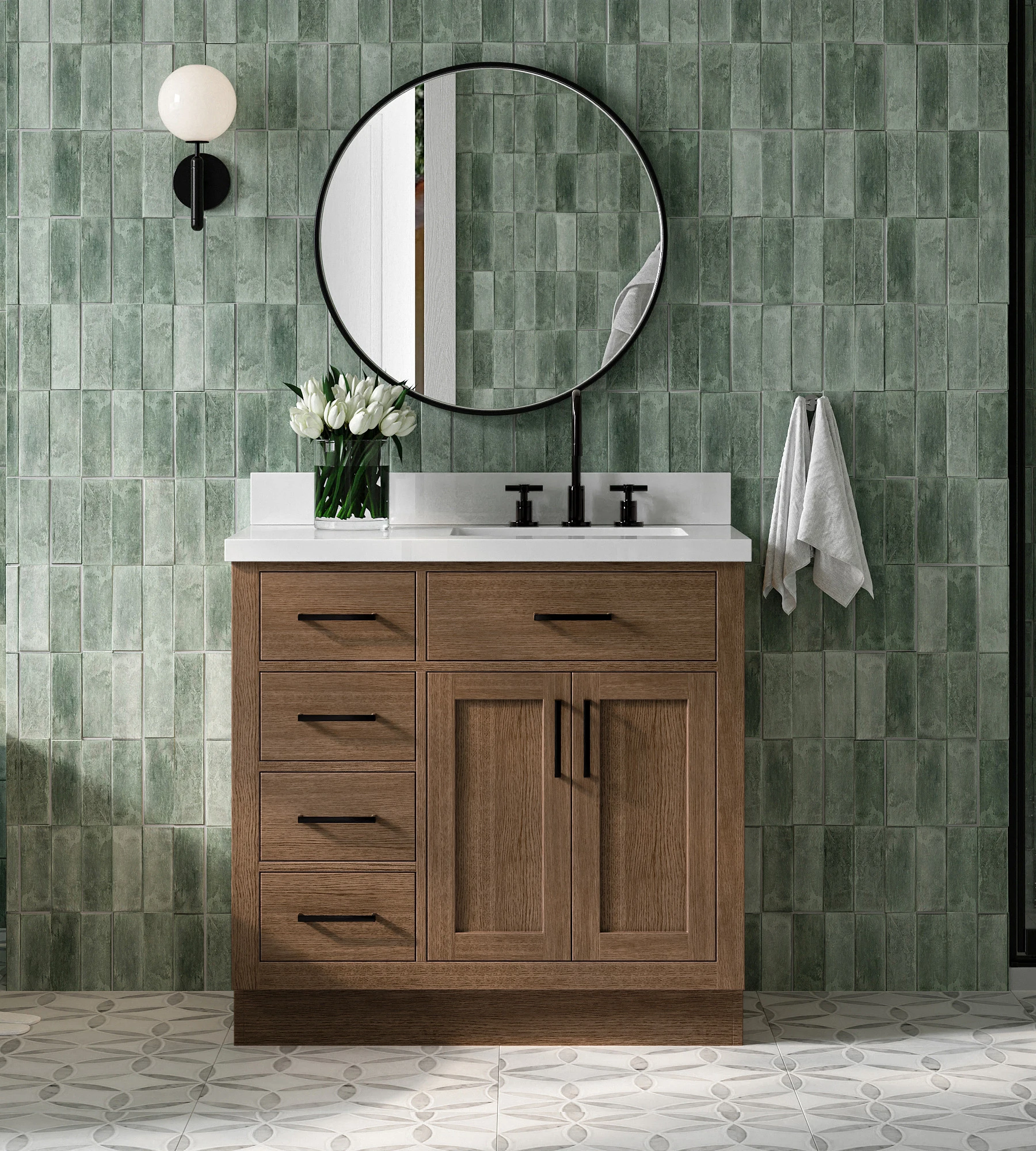ARIEL Hepburn 37 Inch Right Offset Single Rectangle Sink Bathroom Vanity With Pure White Quartz Countertop 1.5 Inch In Brown Oak