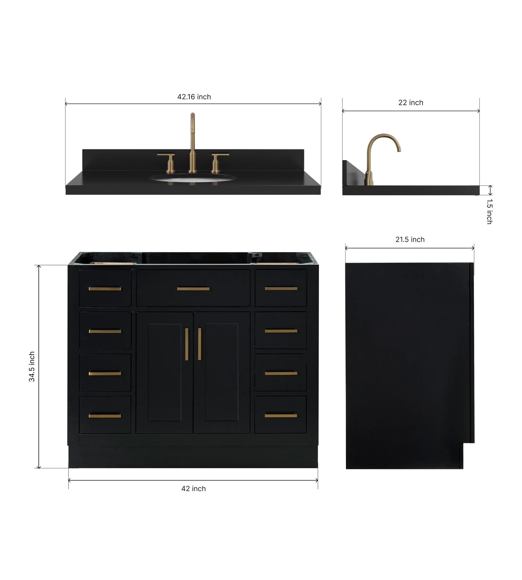 ARIEL Hepburn 42 Inch Single Oval Sink Bathroom Vanity With Carbon Black Quartz Countertop 1.5 Inch In Black