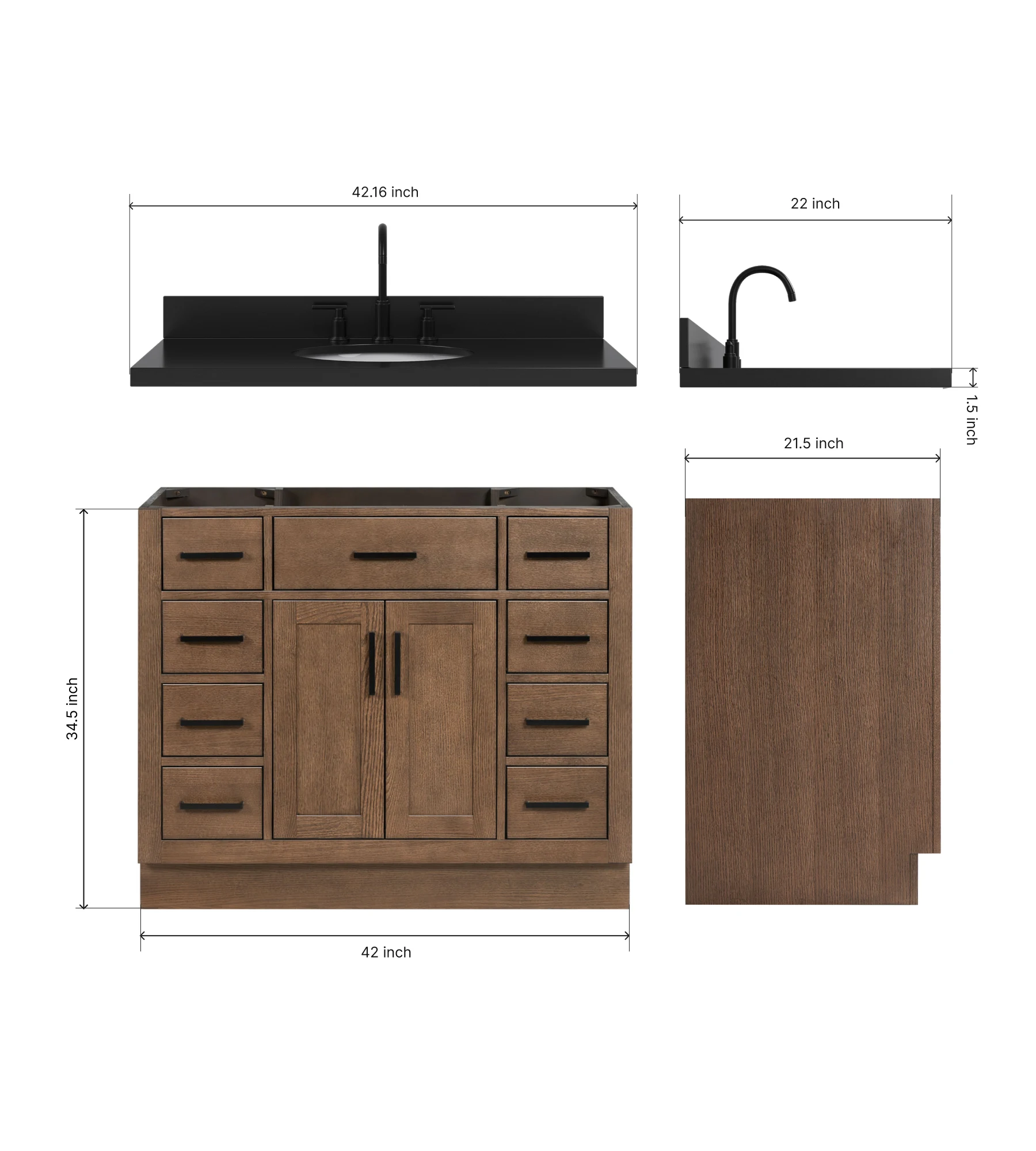 ARIEL Hepburn 42 Inch Single Oval Sink Bathroom Vanity With Carbon Black Quartz Countertop 1.5 Inch In Brown Oak