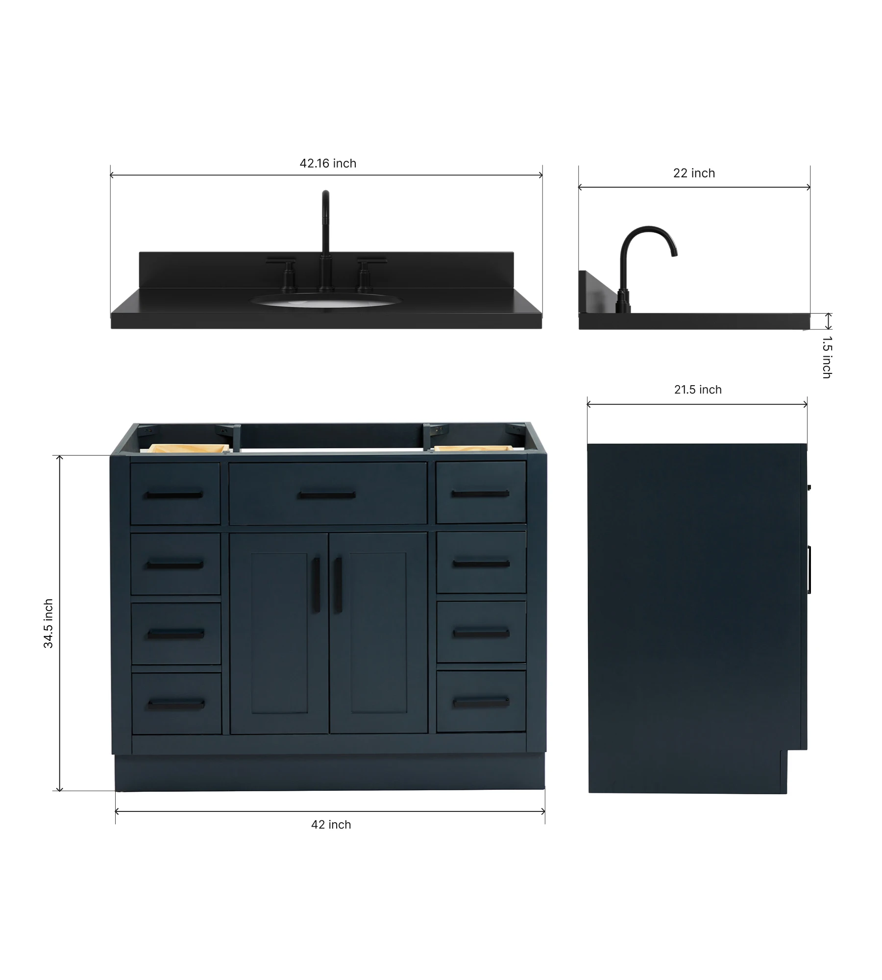 ARIEL Hepburn 42 Inch Single Oval Sink Bathroom Vanity With Carbon Black Quartz Countertop 1.5 Inch In Midnight Blue