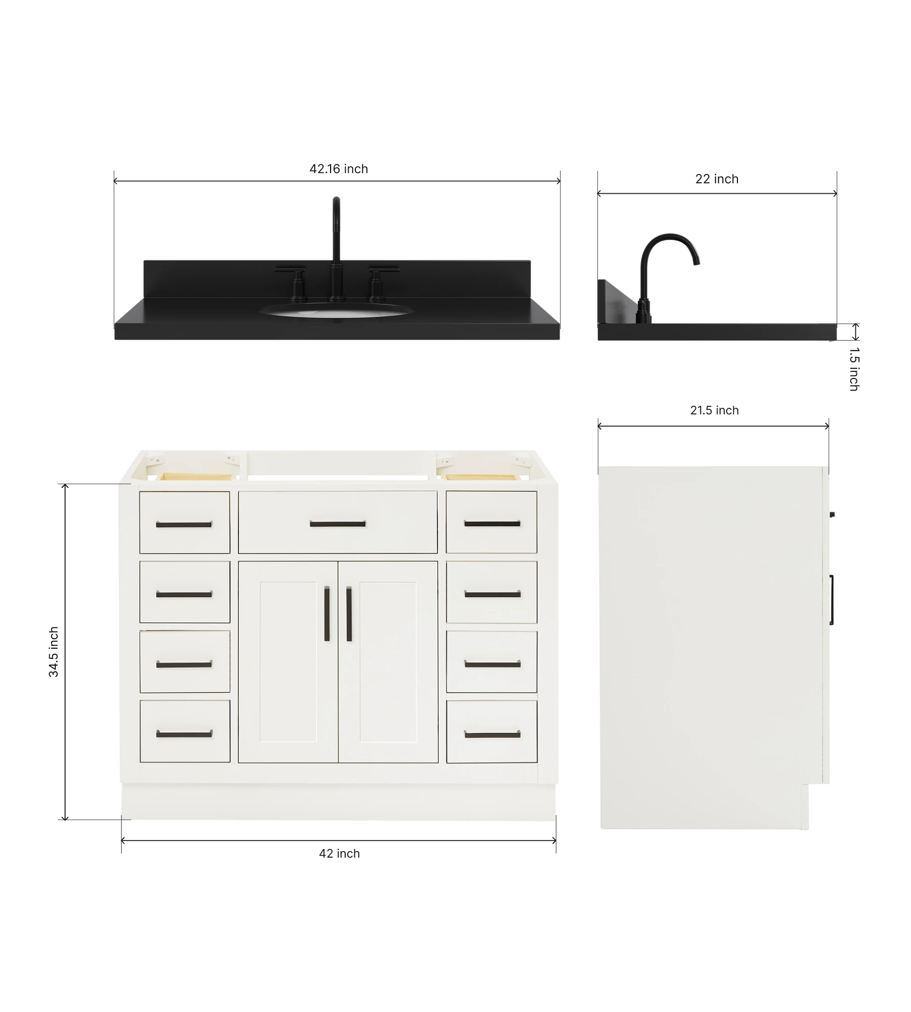 ARIEL Hepburn 42 Inch Single Oval Sink Bathroom Vanity With Carbon Black Quartz Countertop 1.5 Inch In White