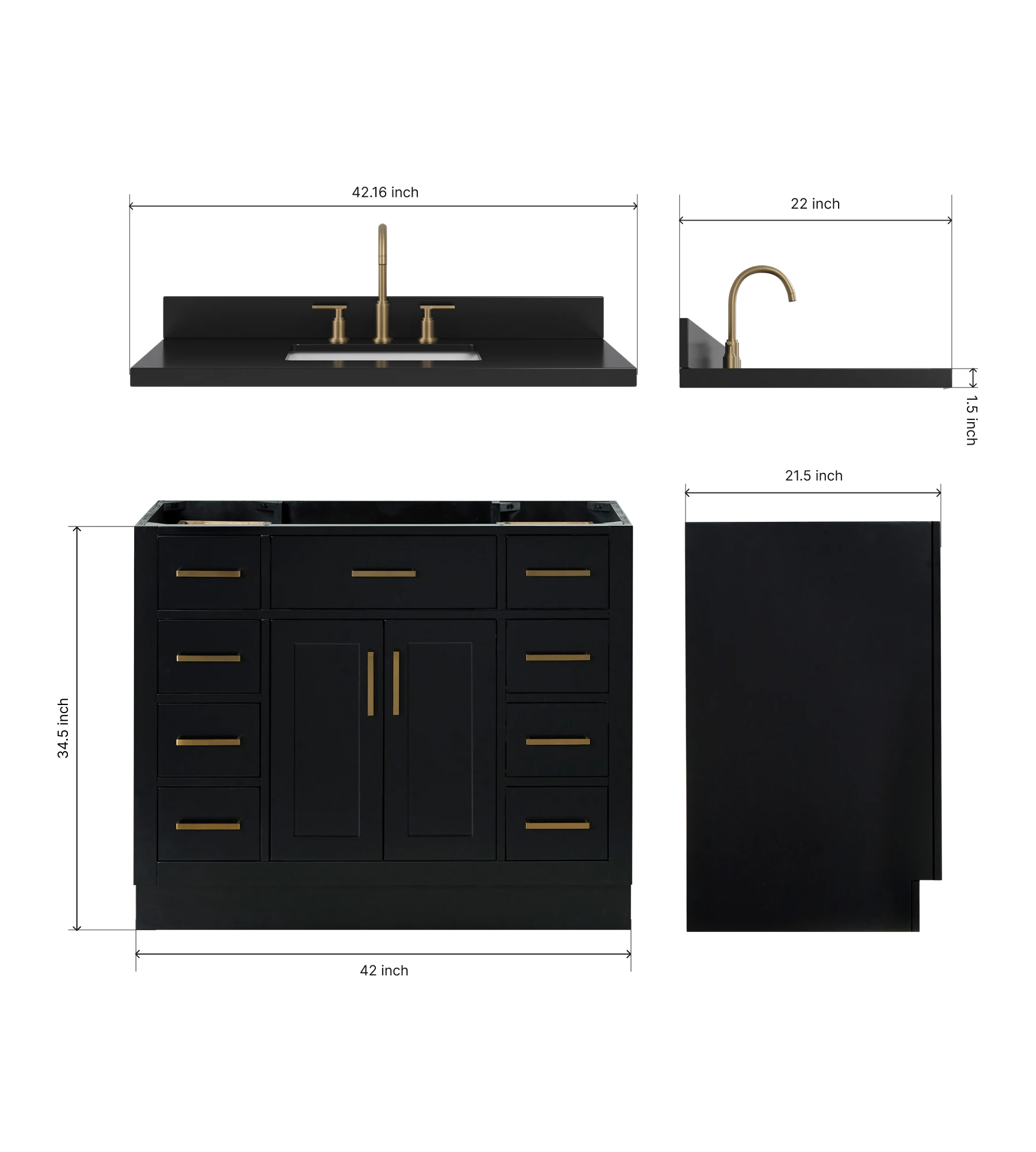 ARIEL Hepburn 42 Inch Single Rectangle Sink Bathroom Vanity With Carbon Black Quartz Countertop 1.5 Inch In Black