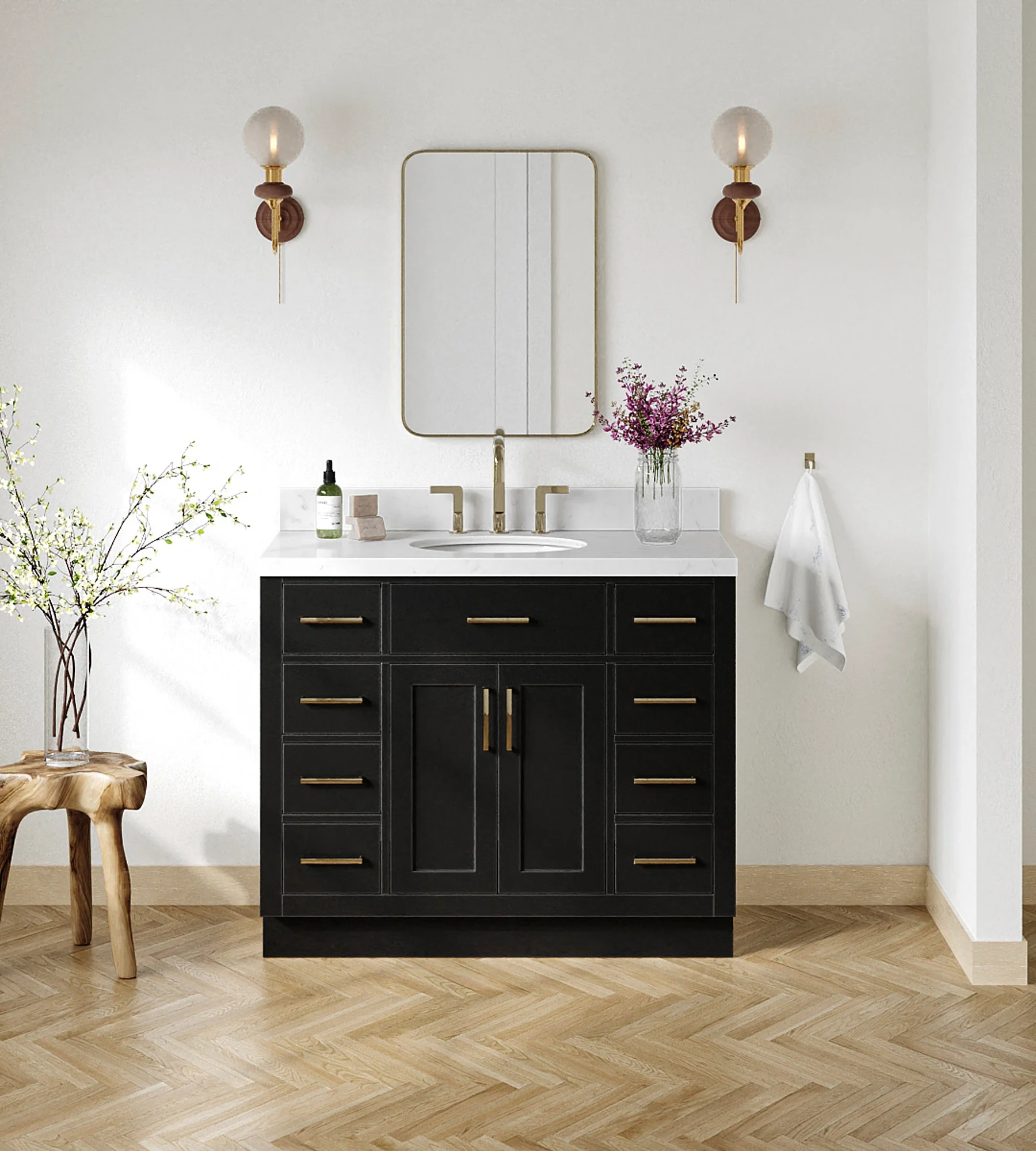 ARIEL Hepburn 42 Inch Oval Sink Bathroom Vanity With Carrara White Quartz Countertop 1.5 Inch Edge In Black