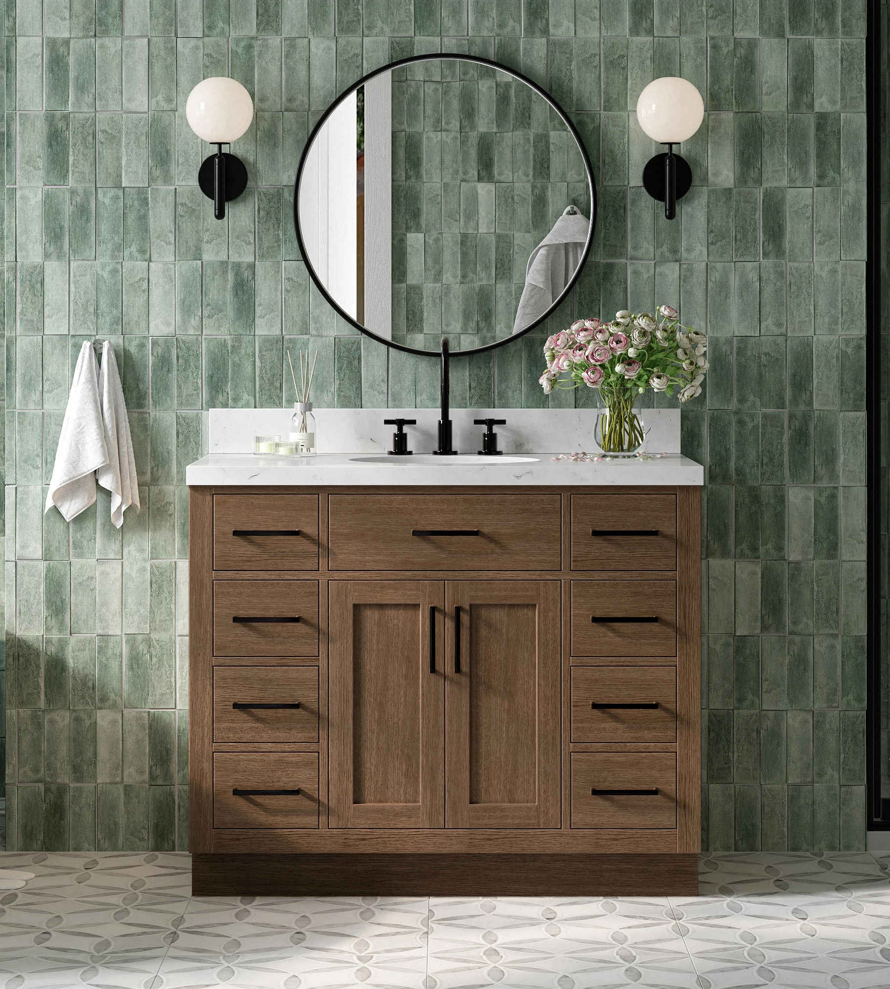 ARIEL Hepburn 42 Inch Single Oval Sink Bathroom Vanity With Carrara White Quartz Countertop 1.5 Inch In Brown Oak