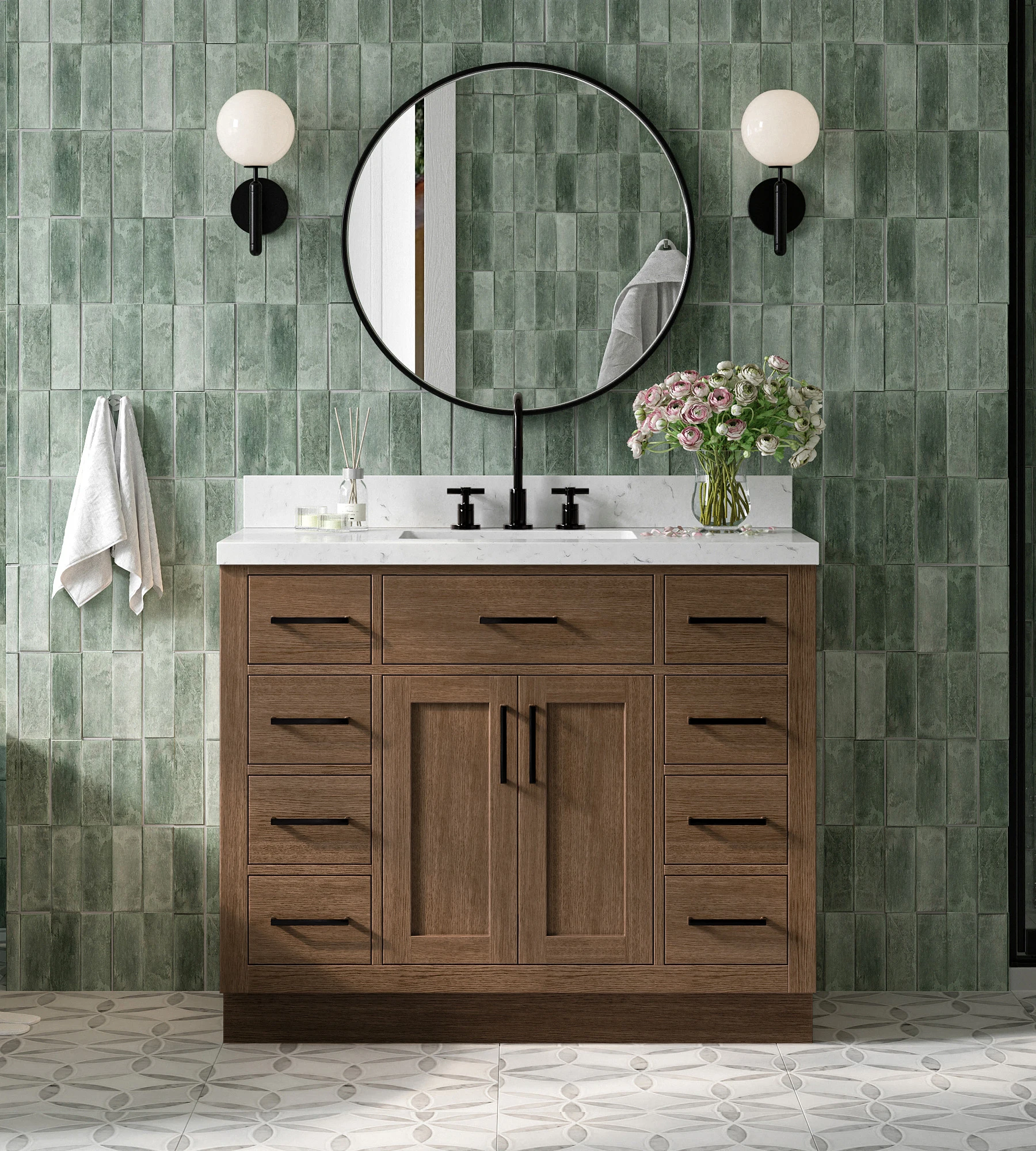 ARIEL Hepburn 42 Inch Single Sink Base Cabinet In Brown Oak