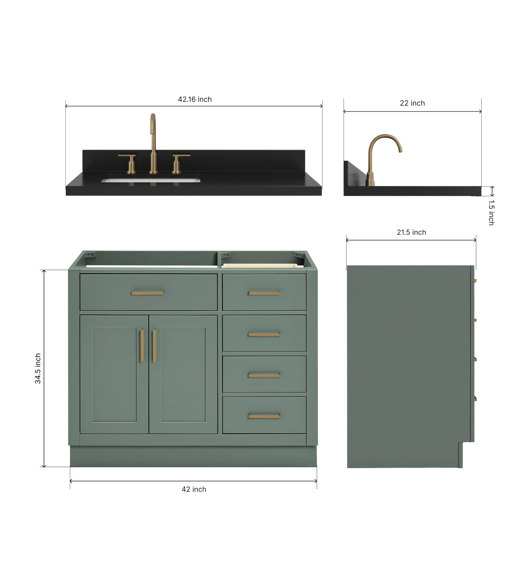 ARIEL Hepburn 42 Inch Left Offset Single Rectangle Sink Bathroom Vanity With Carbon Black Quartz Countertop 1.5 Inch In Vintage Sage Green