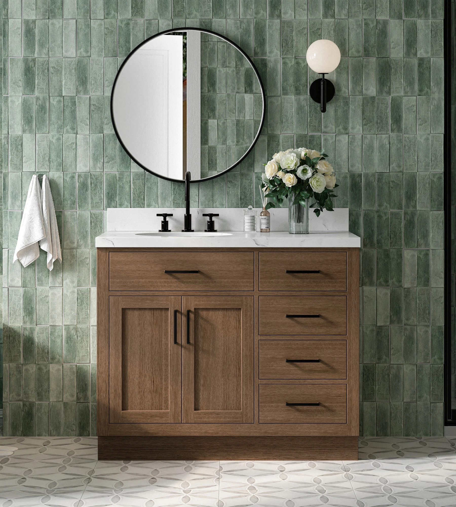 ARIEL Hepburn 42 Inch Left Offset Single Oval Sink Bathroom Vanity With Carrara White Quartz Countertop 1.5 Inch In Brown Oak