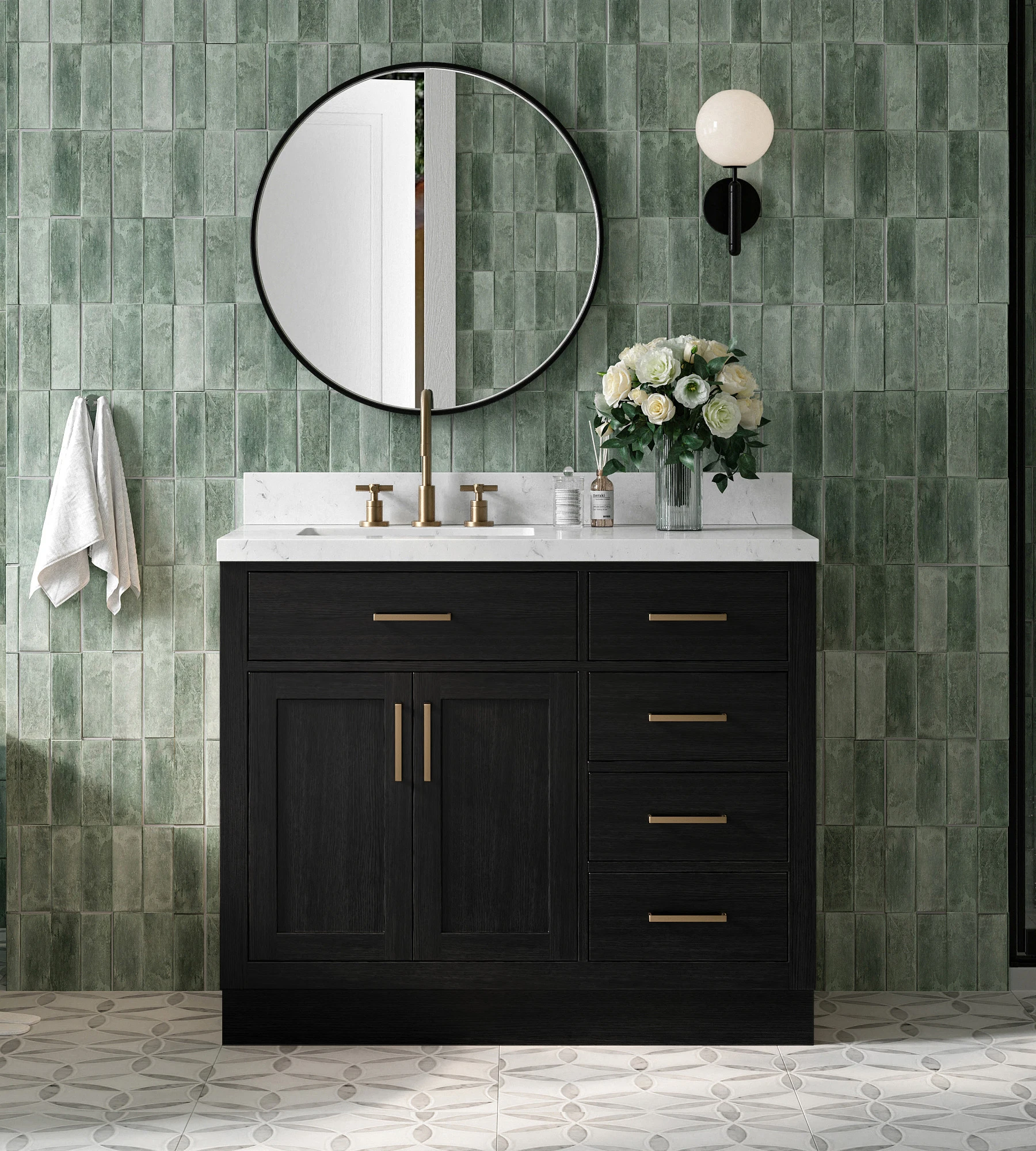 ARIEL Hepburn 42 Inch Left Offset Single Rectangle Sink Bathroom Vanity With Carrara White Quartz Countertop 1.5 Inch In Black Oak