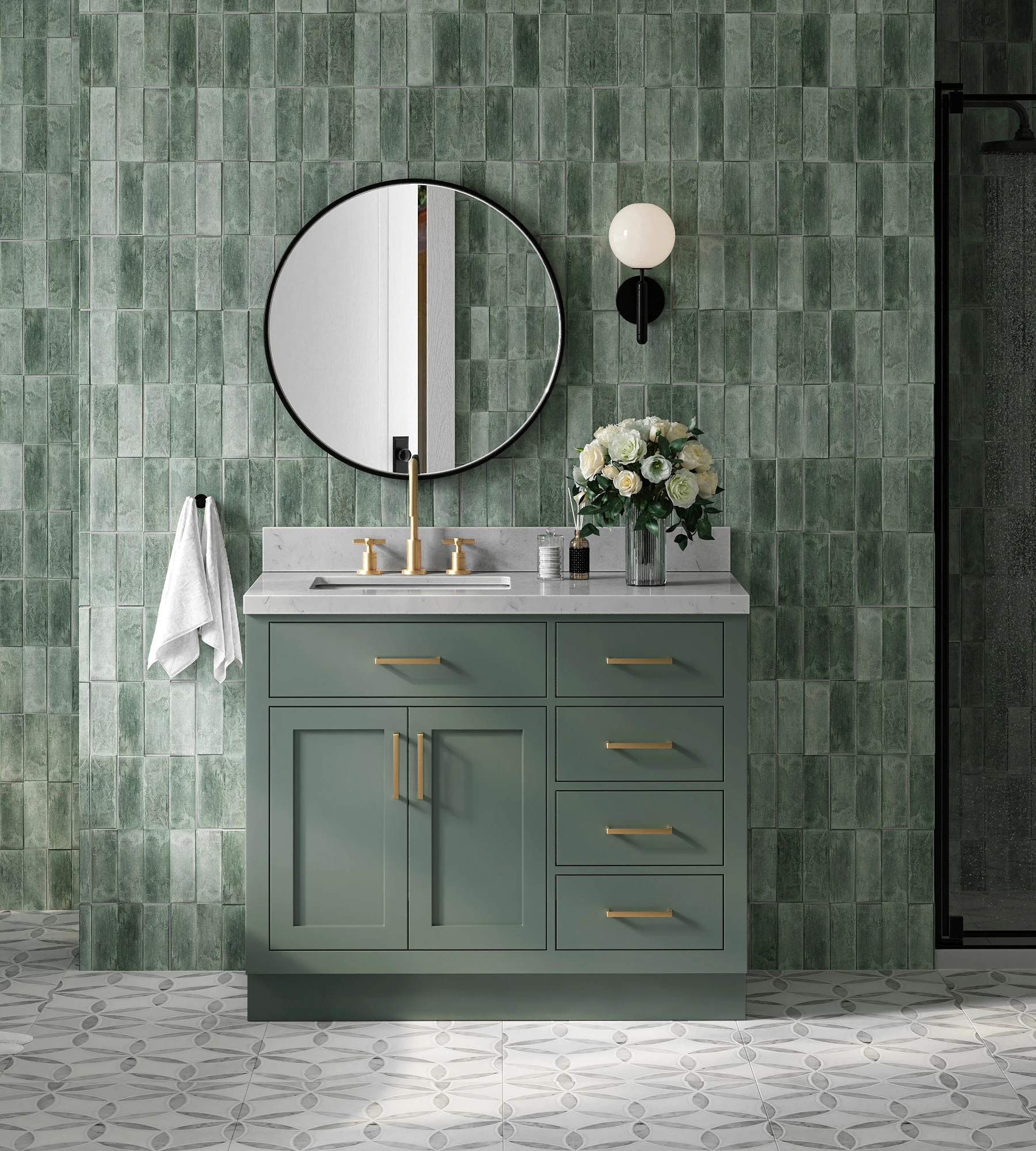 Ariel Hepburn 42 Inch Left Offset Single Sink Base Cabinet in Vintage Sage Green