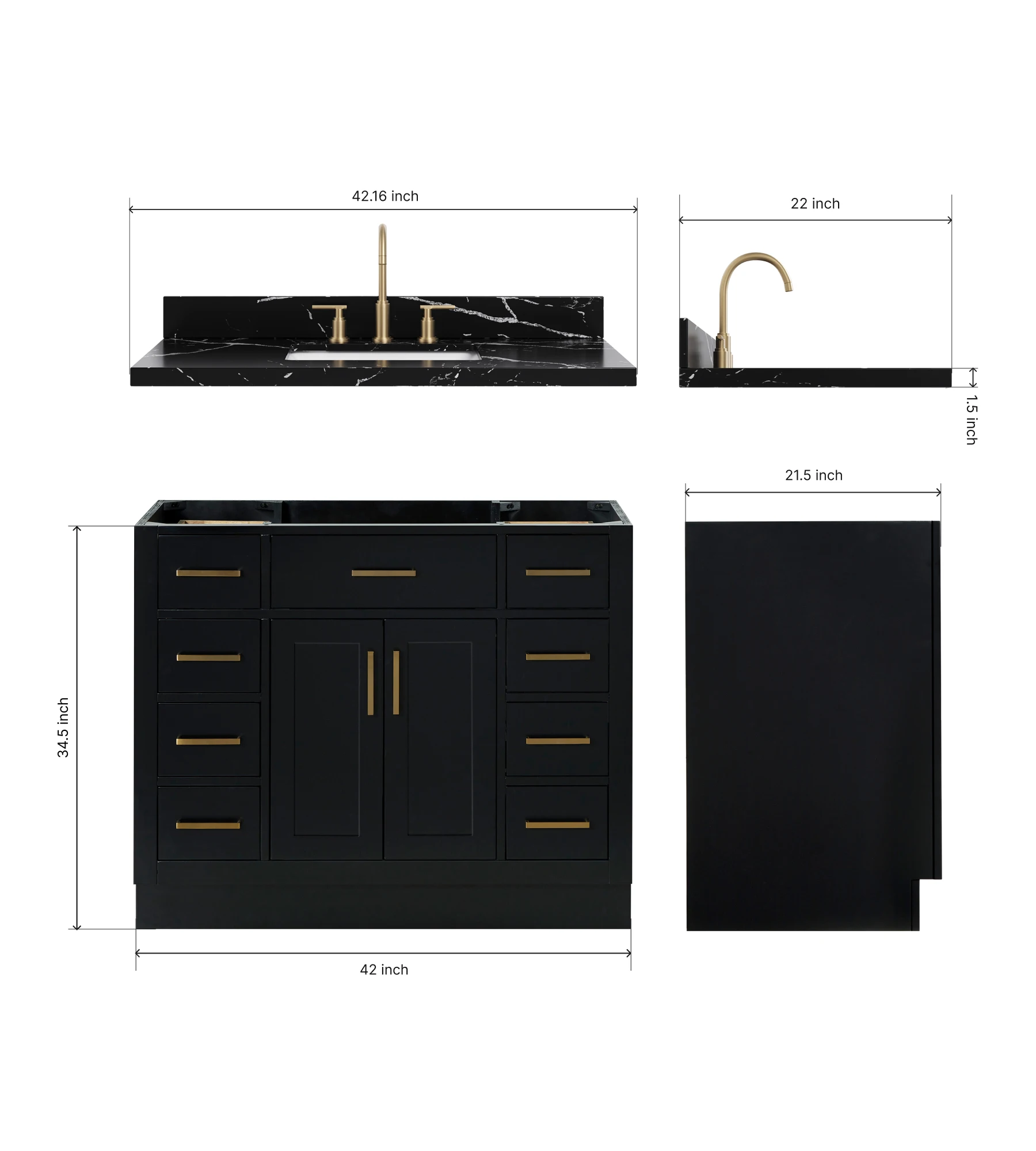 ARIEL Hepburn 42 Inch Single Rectangular Sink Bathroom Vanity With Nero Marquina Black Quartz Countertop 1.5 Inch In Black