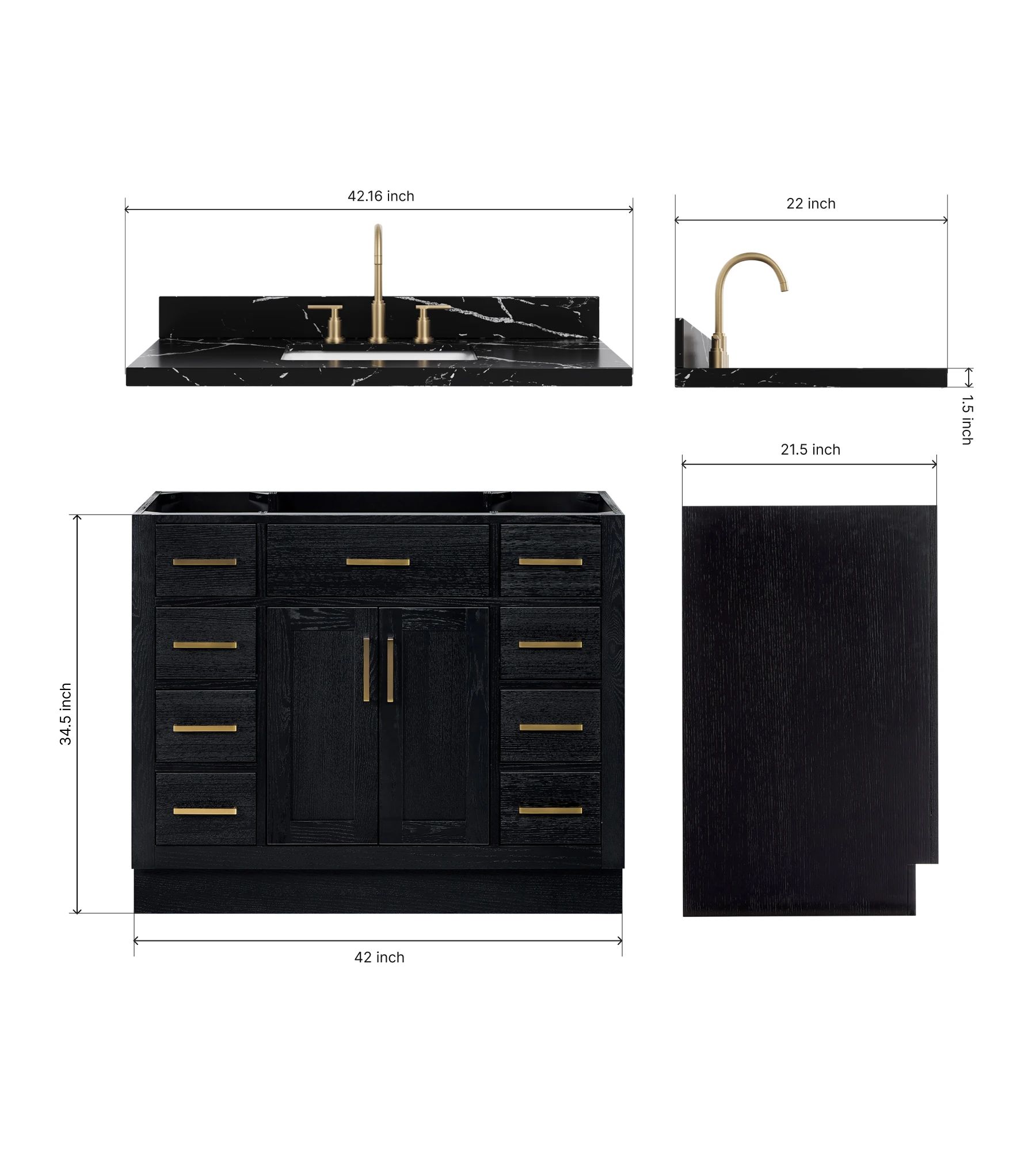 ARIEL Hepburn 42 Inch Single Rectangular Sink Bathroom Vanity With Nero Marquina Black Quartz Countertop 1.5 Inch In Black Oak