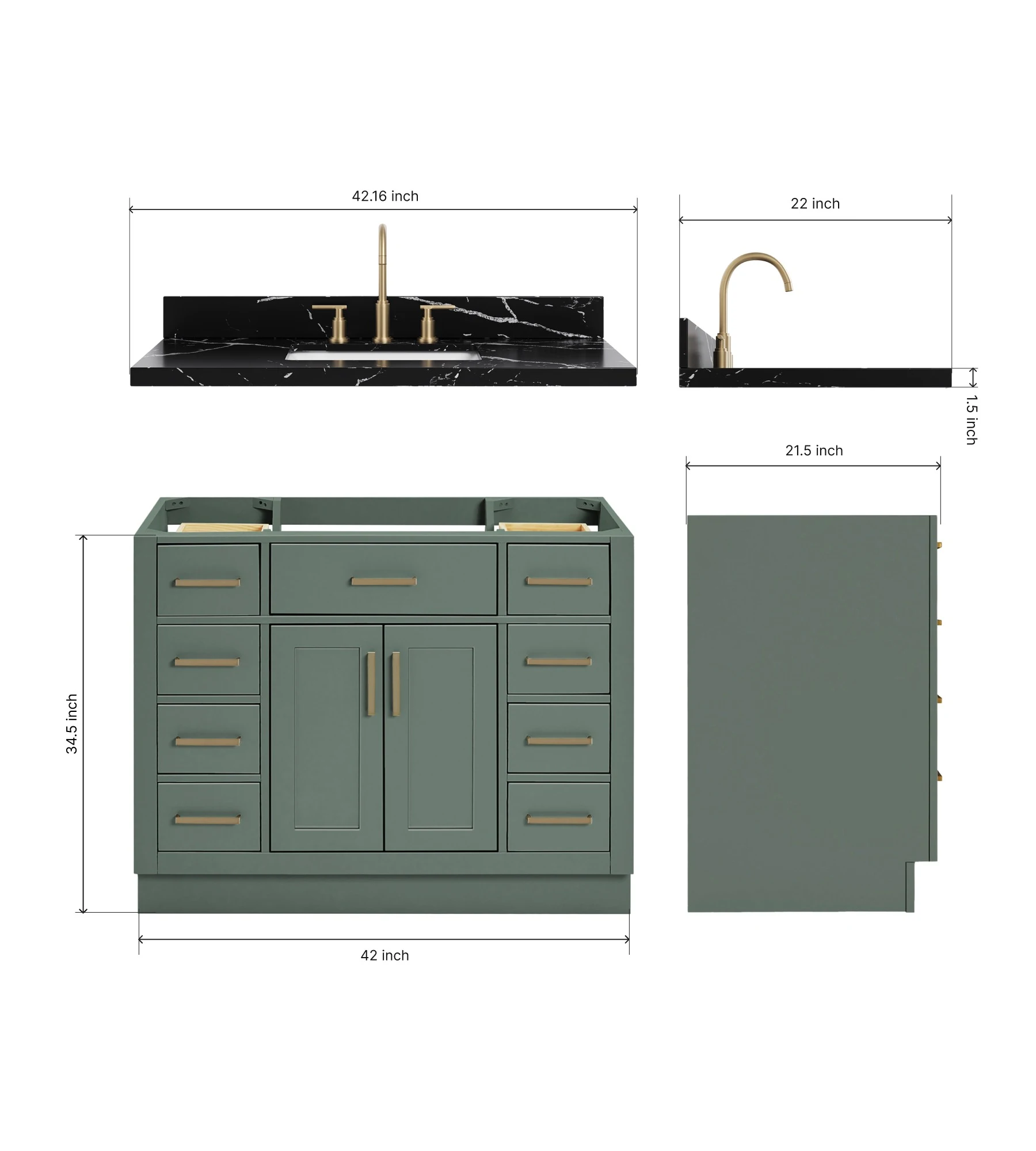 ARIEL Hepburn 42 Inch Single Rectangular Sink Bathroom Vanity With Nero Marquina Black Quartz Countertop 1.5 Inch In Vintage Sage Green