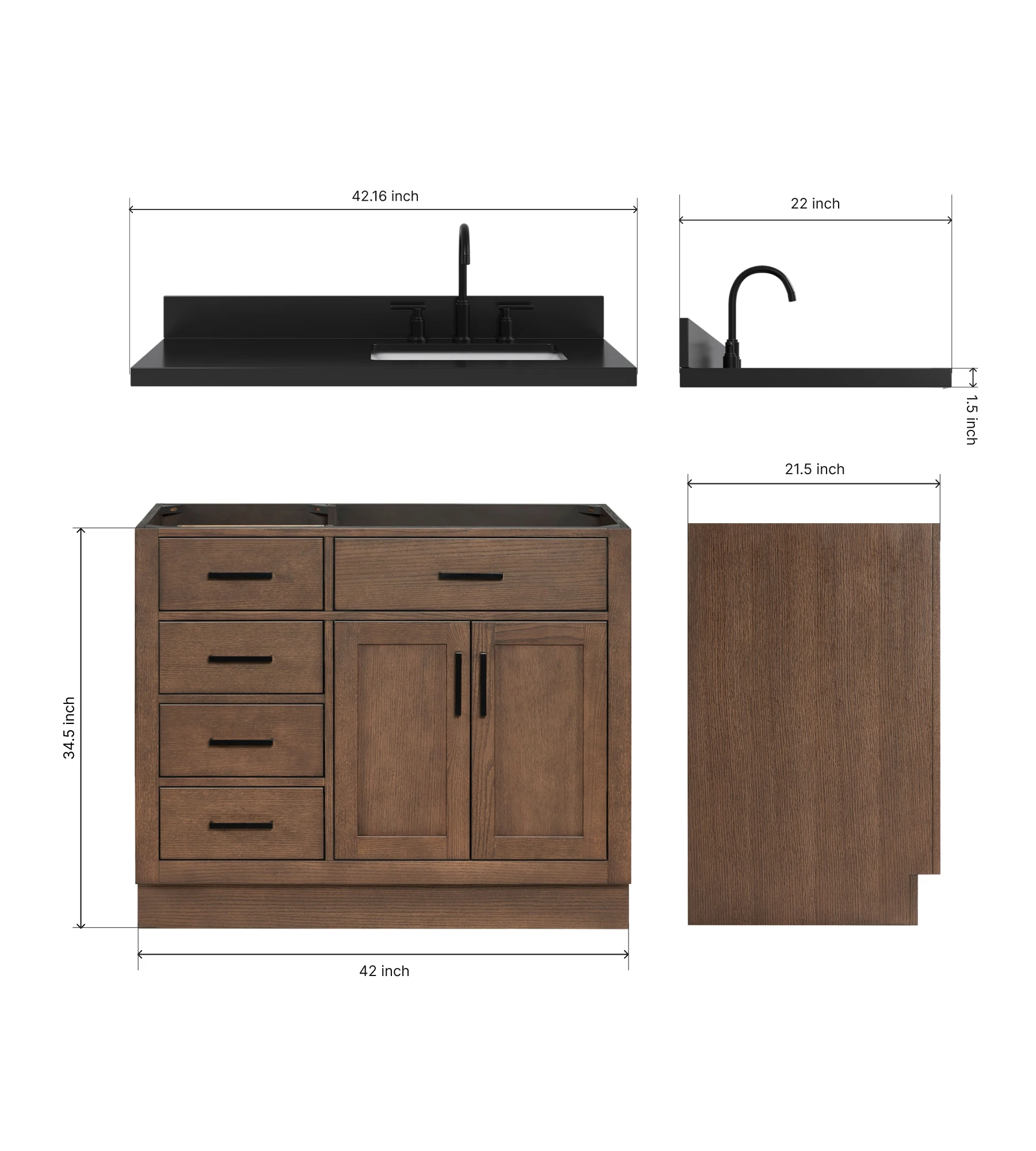 ARIEL Hepburn 42 Inch Right Offset Single Rectangle Sink Bathroom Vanity With Carbon Black Quartz Countertop 1.5 Inch In Brown Oak