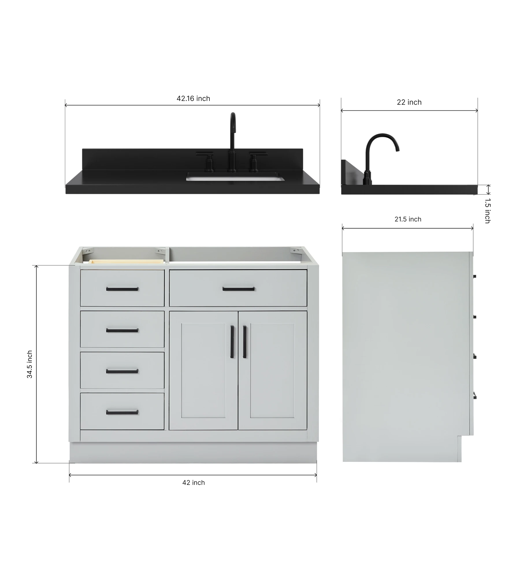 ARIEL Hepburn 42 Inch Right Offset Single Rectangle Sink Bathroom Vanity With Carbon Black Quartz Countertop 1.5 Inch In Grey
