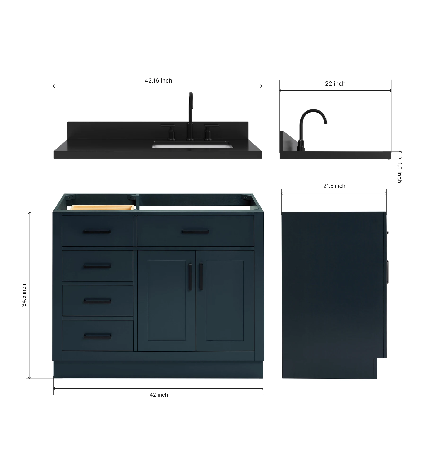 ARIEL Hepburn 42 Inch Right Offset Single Rectangle Sink Bathroom Vanity With Carbon Black Quartz Countertop 1.5 Inch In Midnight Blue
