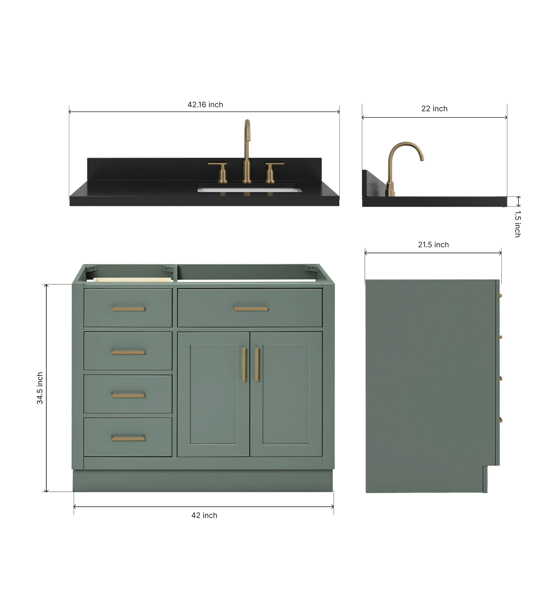 ARIEL Hepburn 42 Inch Right Offset Single Rectangle Sink Bathroom Vanity With Carbon Black Quartz Countertop 1.5 Inch In Vintage Sage Green