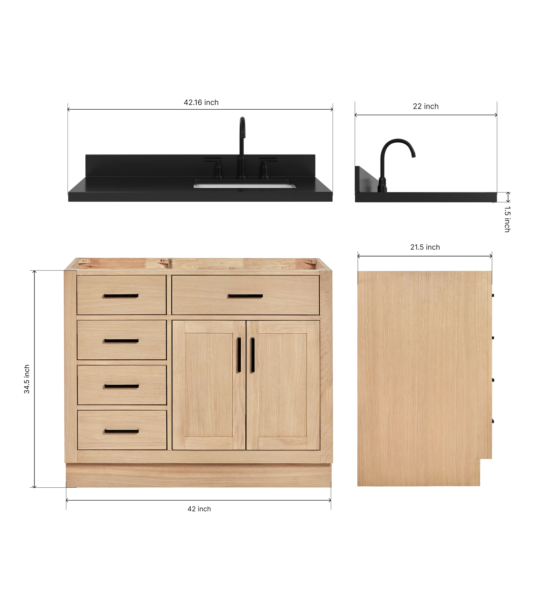 ARIEL Hepburn 42 Inch Right Offset Single Rectangle Sink Bathroom Vanity With Carbon Black Quartz Countertop 1.5 Inch In Oak