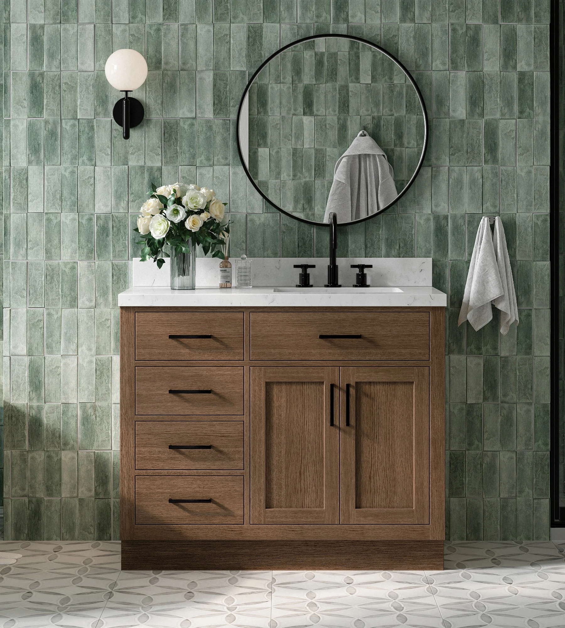 ARIEL Hepburn 42 Inch Right Offset Single Rectangle Sink Bathroom Vanity With Carrara White Quartz Countertop 1.5 Inch In Brown Oak
