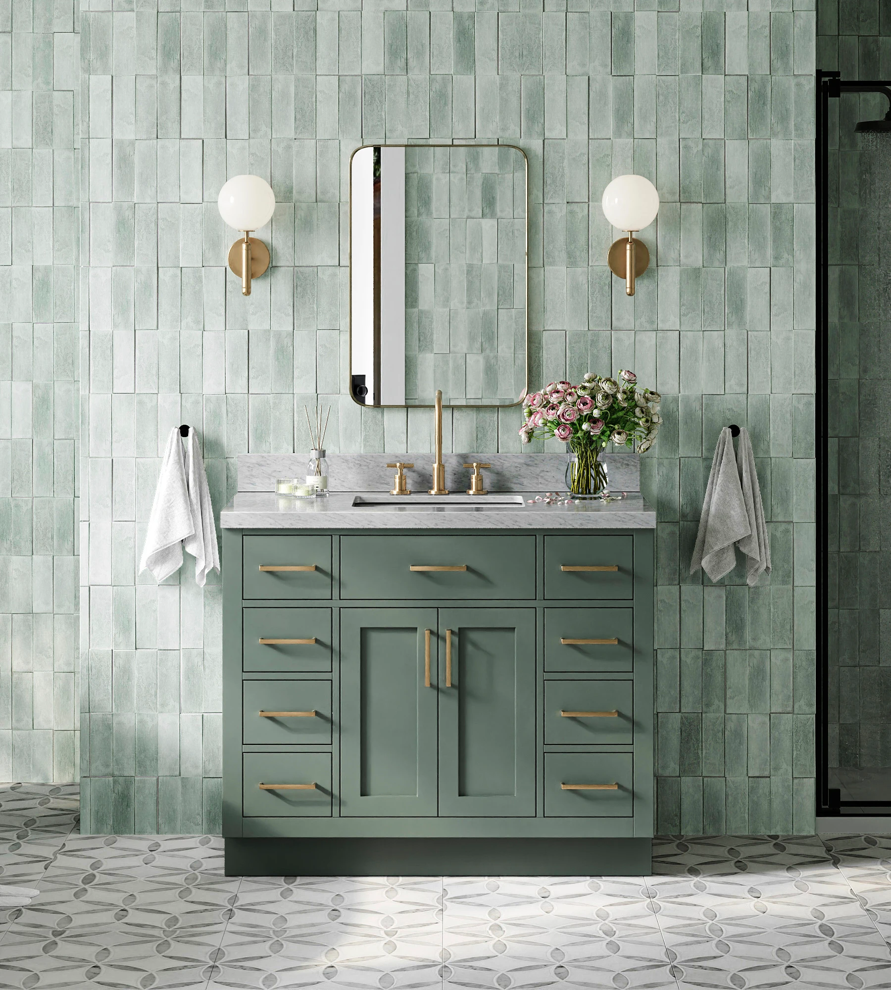 ARIEL Hepburn 43 Inch Single Rectangle Sink Bathroom Vanity With Carrara White Marble Countertop 1.5 Inch In Vintage Sage Green
