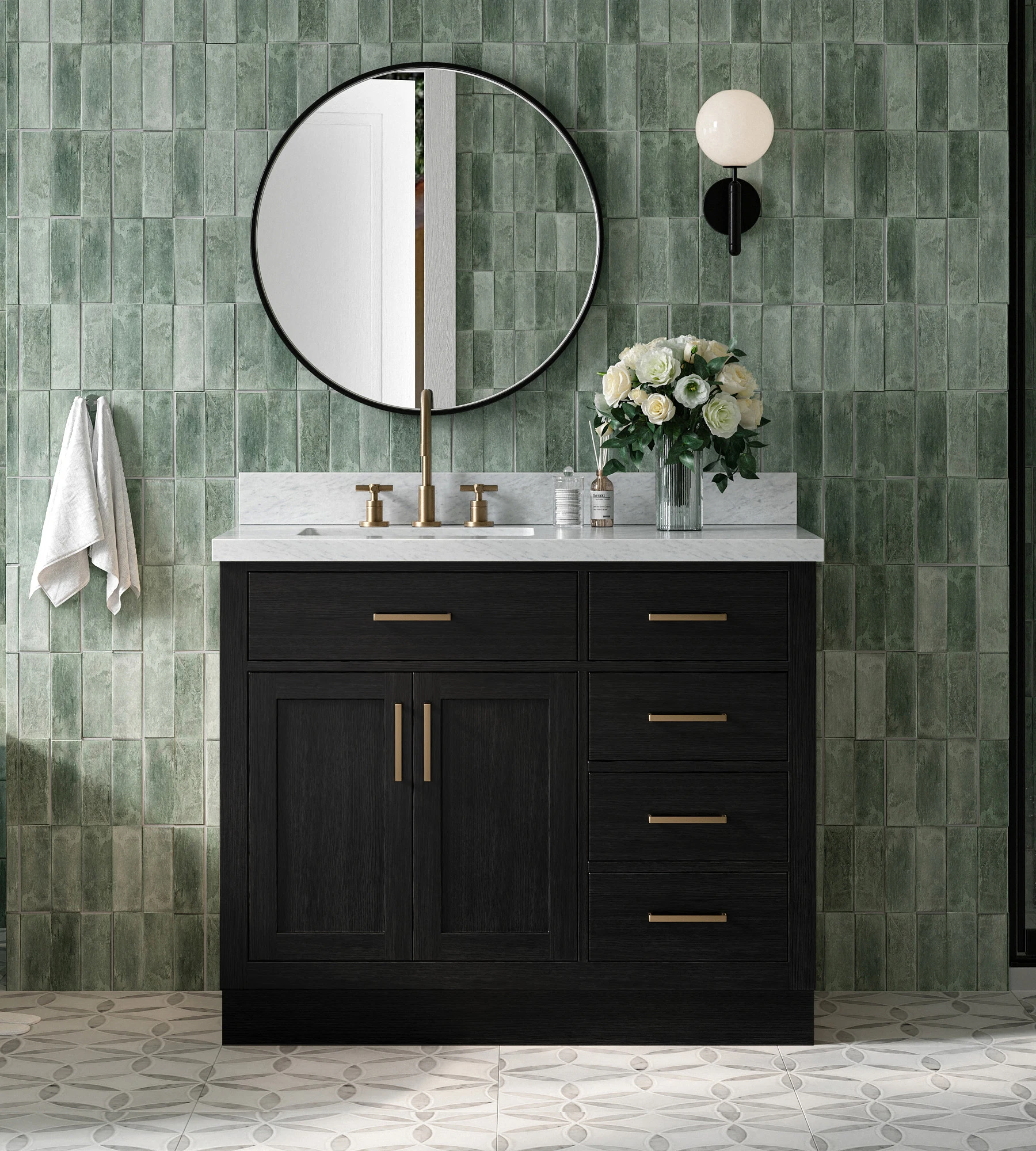 ARIEL Hepburn 43 Inch Left Offset Single Rectangle Sink Bathroom Vanity With Carrara White Marble Countertop 1.5 Inch In Black Oak