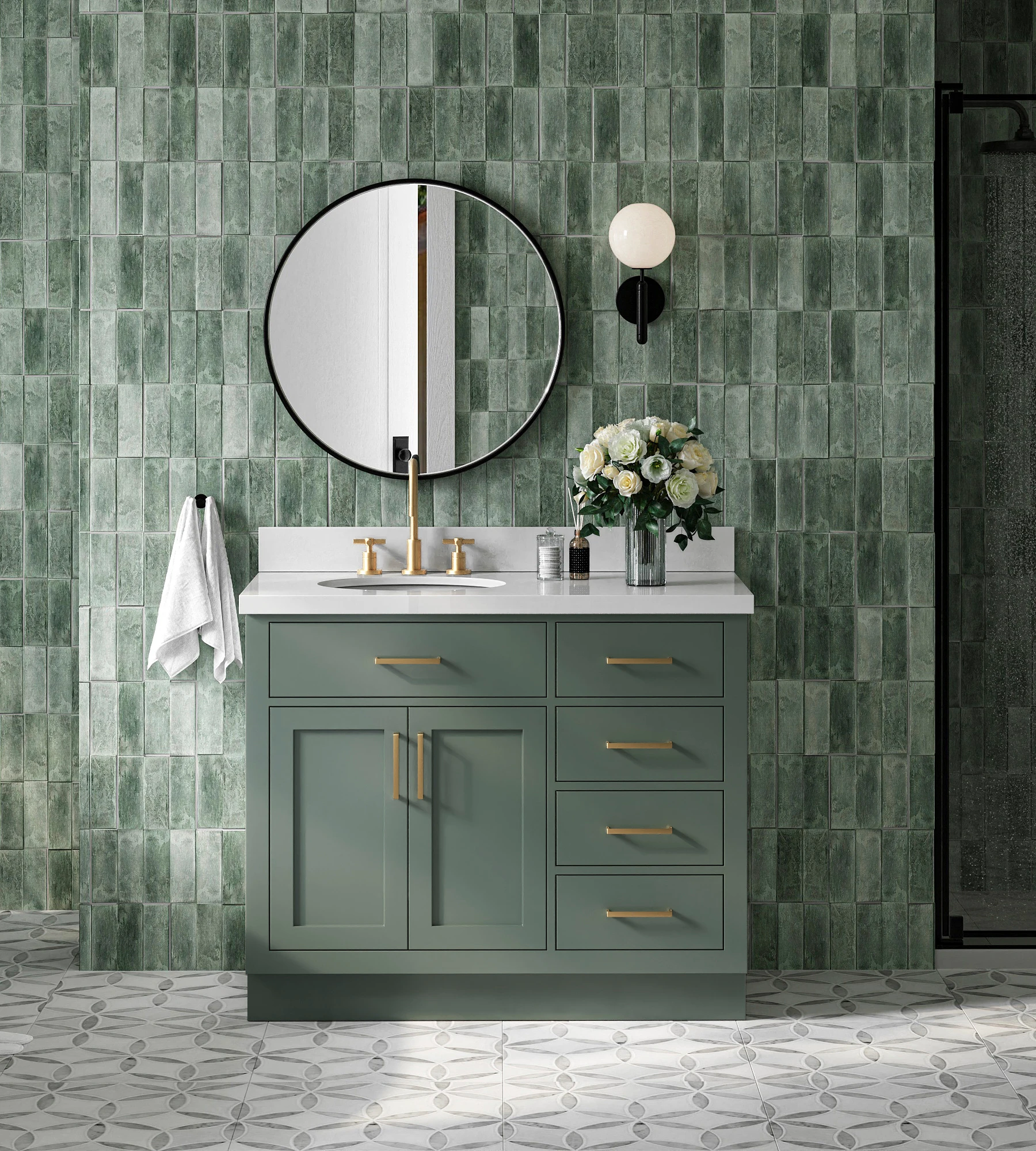 Ariel Hepburn 43 Inch Left Offset Single Oval Sink Bathroom Vanity with Pure White Quartz Countertop 1.5 Inch in Vintage Sage Green