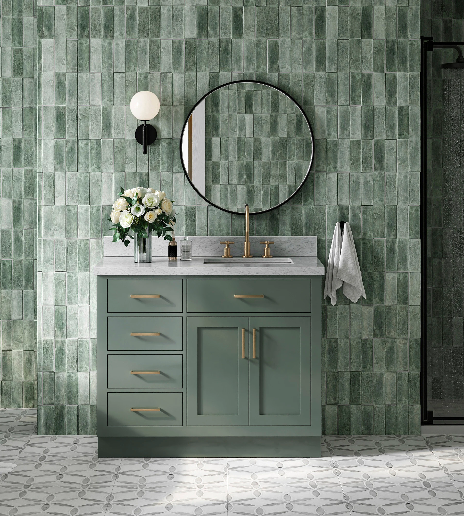 Ariel Hepburn 43 Inch Right Offset Single Rectangle Sink Bathroom Vanity with Carrara White Marble Countertop 1.5 Inch in Vintage Sage Green
