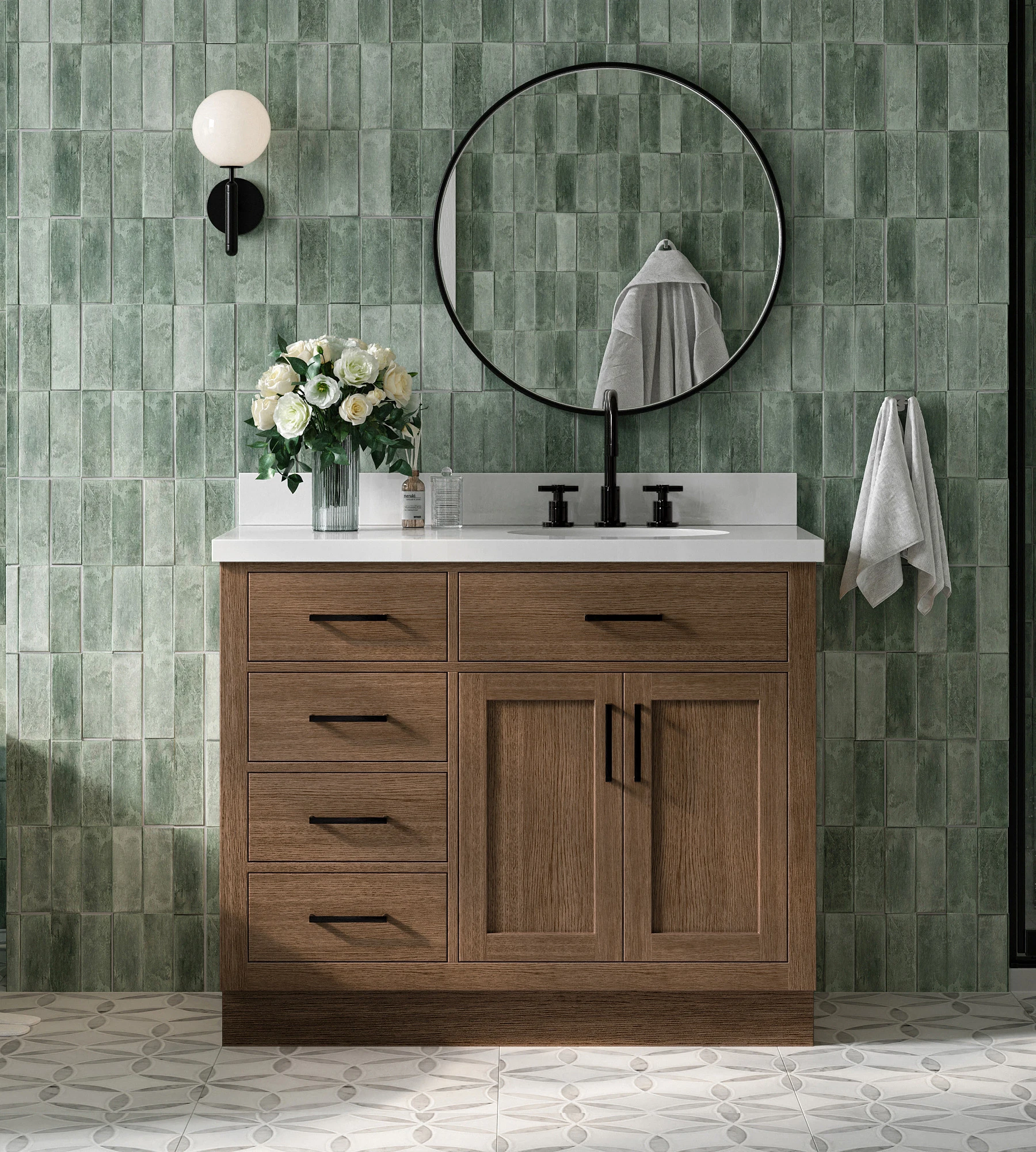 ARIEL Hepburn 43 Inch Right Offset Single Oval Sink Bathroom Vanity With Pure White Quartz Countertop 1.5 Inch In Brown Oak