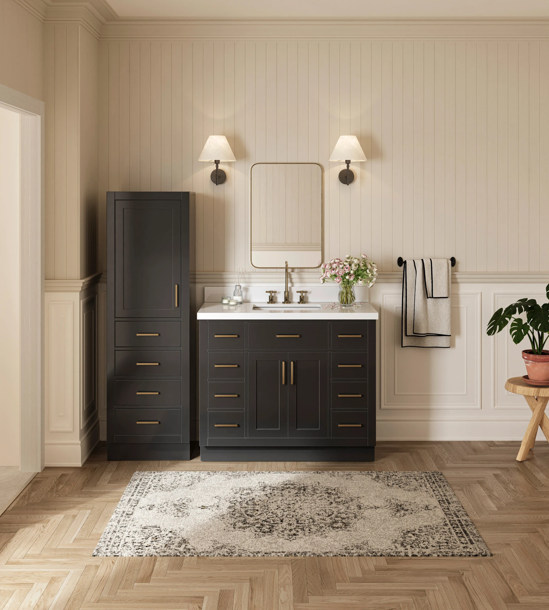 ARIEL Hepburn 63" Single Bathroom Vanity With Linen Cabinet In Black
