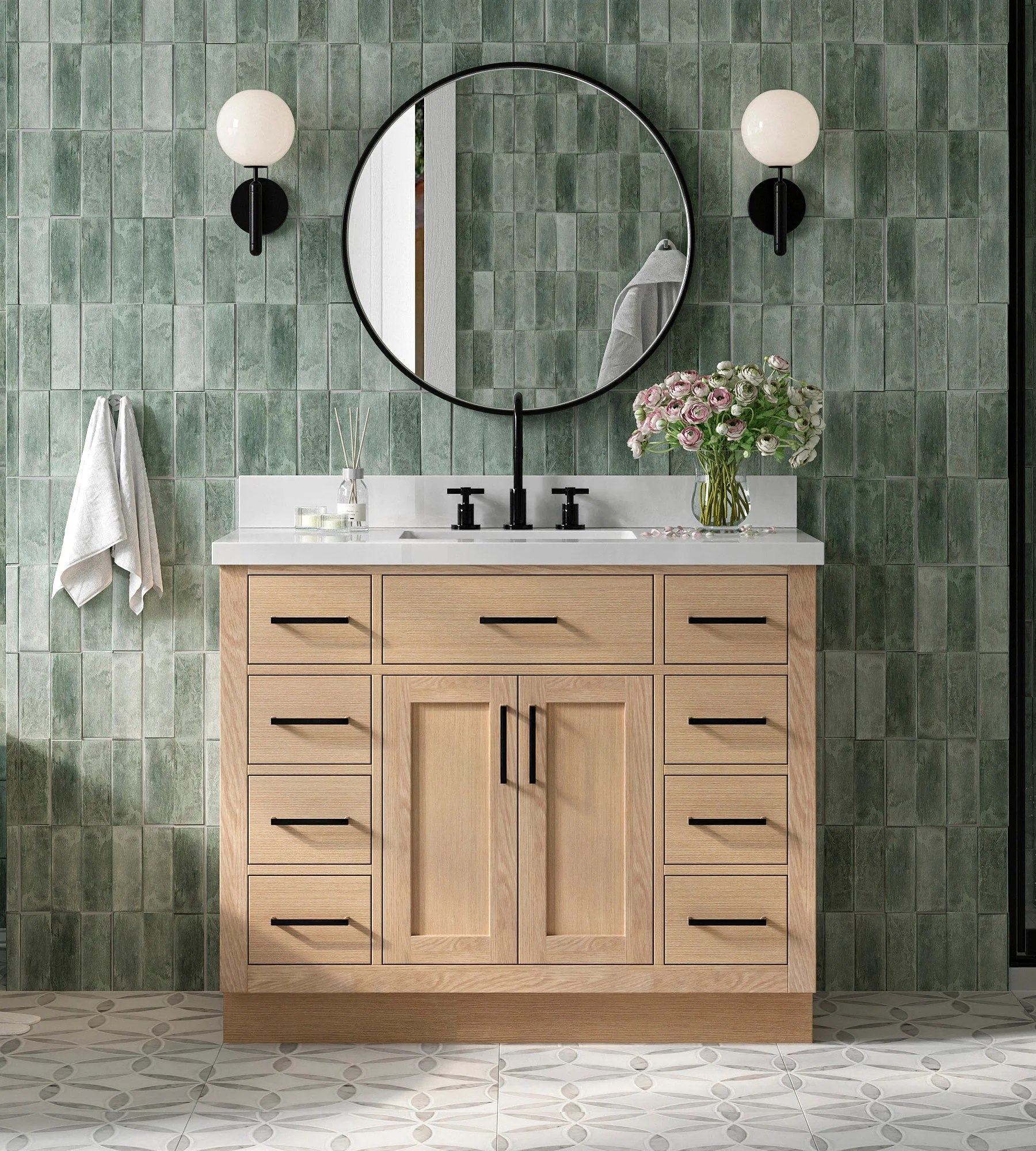 ARIEL Hepburn 43 Inch Single Rectangle Sink Bathroom Vanity With Pure White Quartz Countertop 1.5 Inch Edge In Oak