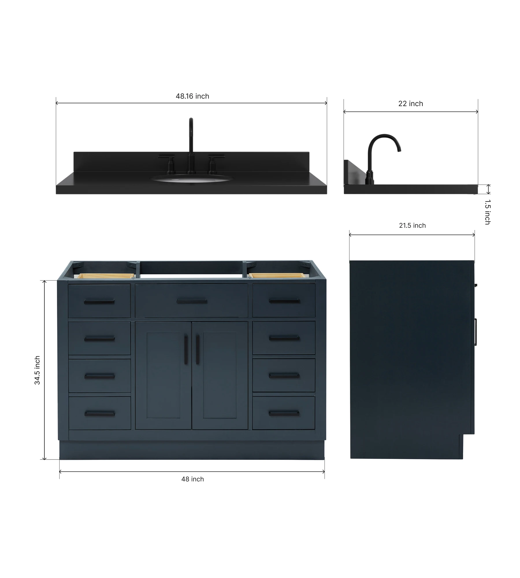 ARIEL Hepburn 48 Inch Single Oval Sink Bathroom Vanity With Carbon Black Quartz Countertop 1.5 Inch In Midnight Blue