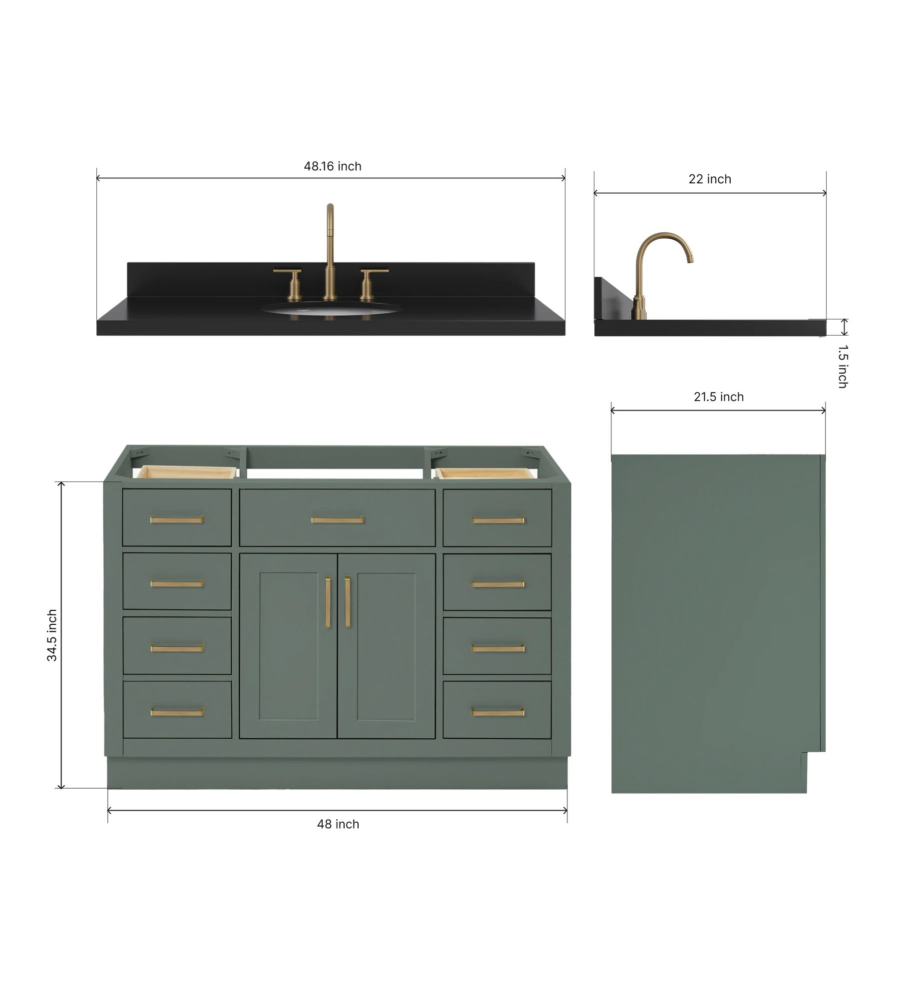 ARIEL Hepburn 48 Inch Single Oval Sink Bathroom Vanity With Carbon Black Quartz Countertop 1.5 Inch In Vintage Sage Green
