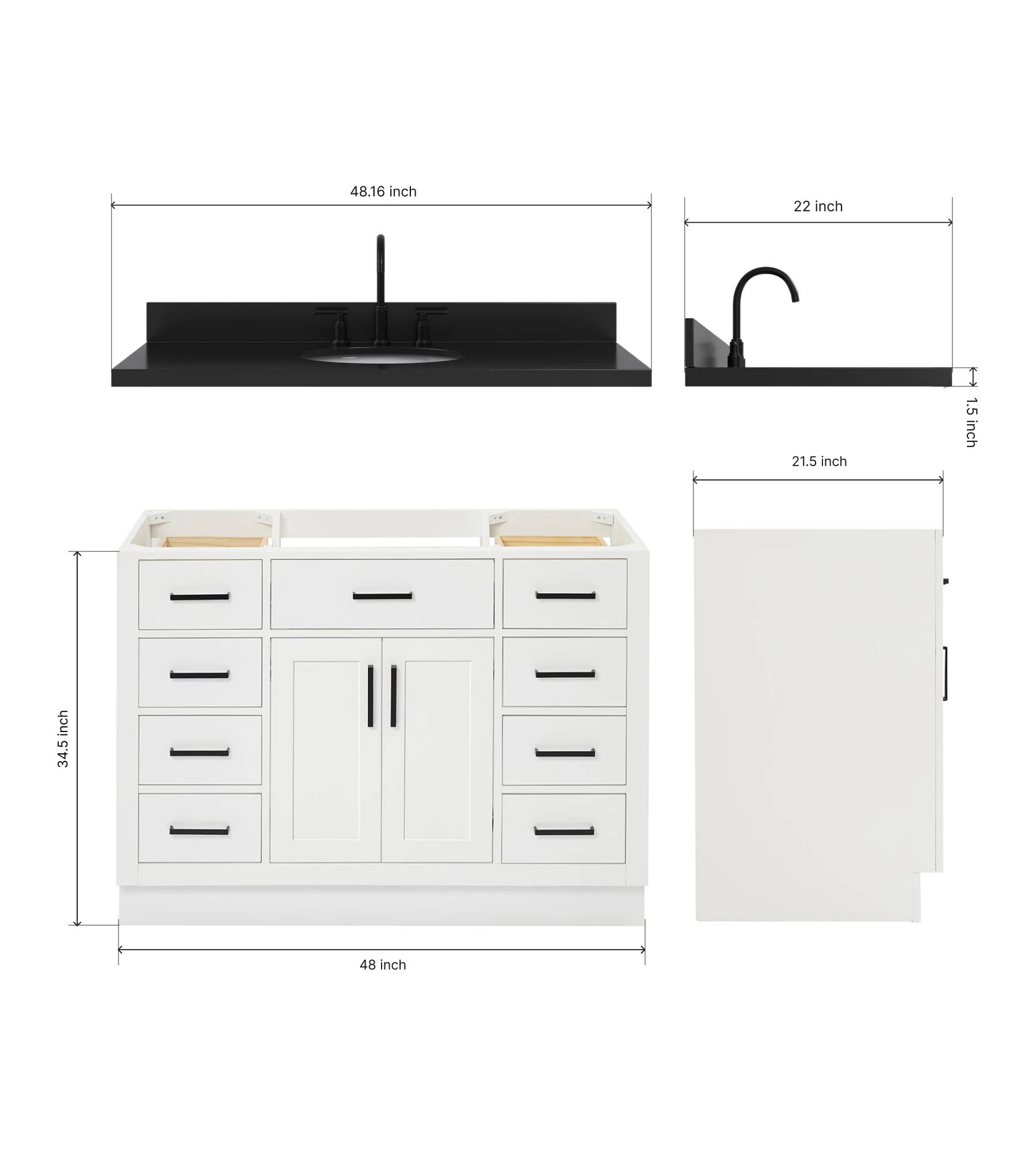 ARIEL Hepburn 48 Inch Single Oval Sink Bathroom Vanity With Carbon Black Quartz Countertop 1.5 Inch In White