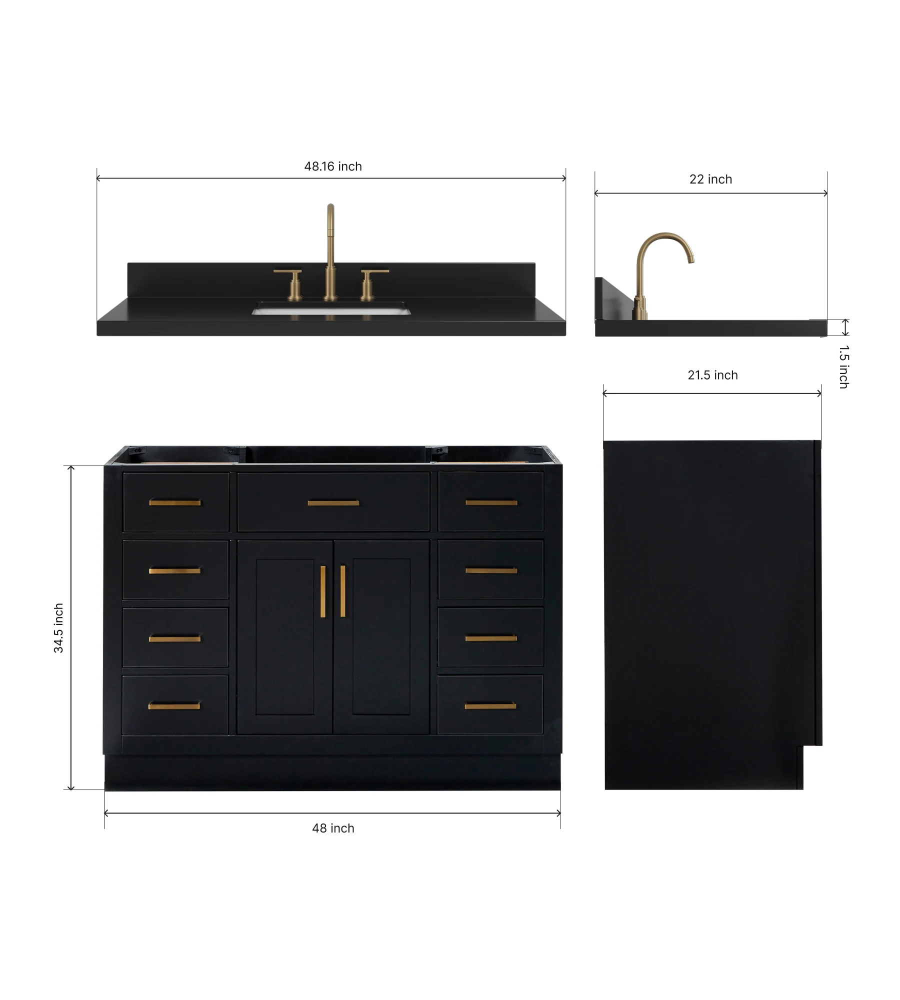 ARIEL Hepburn 48 Inch Single Rectangle Sink Bathroom Vanity With Carbon Black Quartz Countertop 1.5 Inch In Black