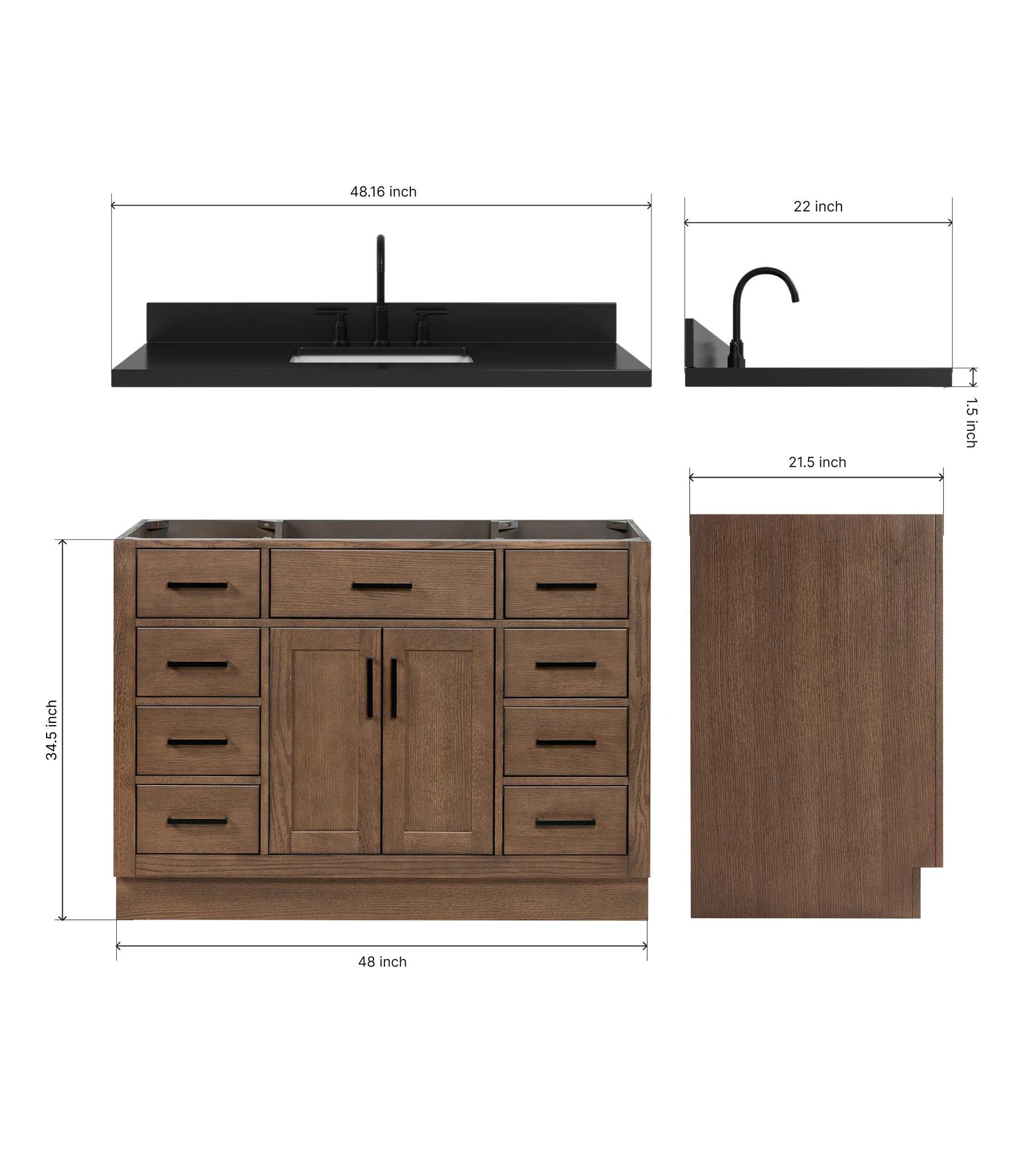 ARIEL Hepburn 48 Inch Single Rectangle Sink Bathroom Vanity With Carbon Black Quartz Countertop 1.5 Inch In Brown Oak