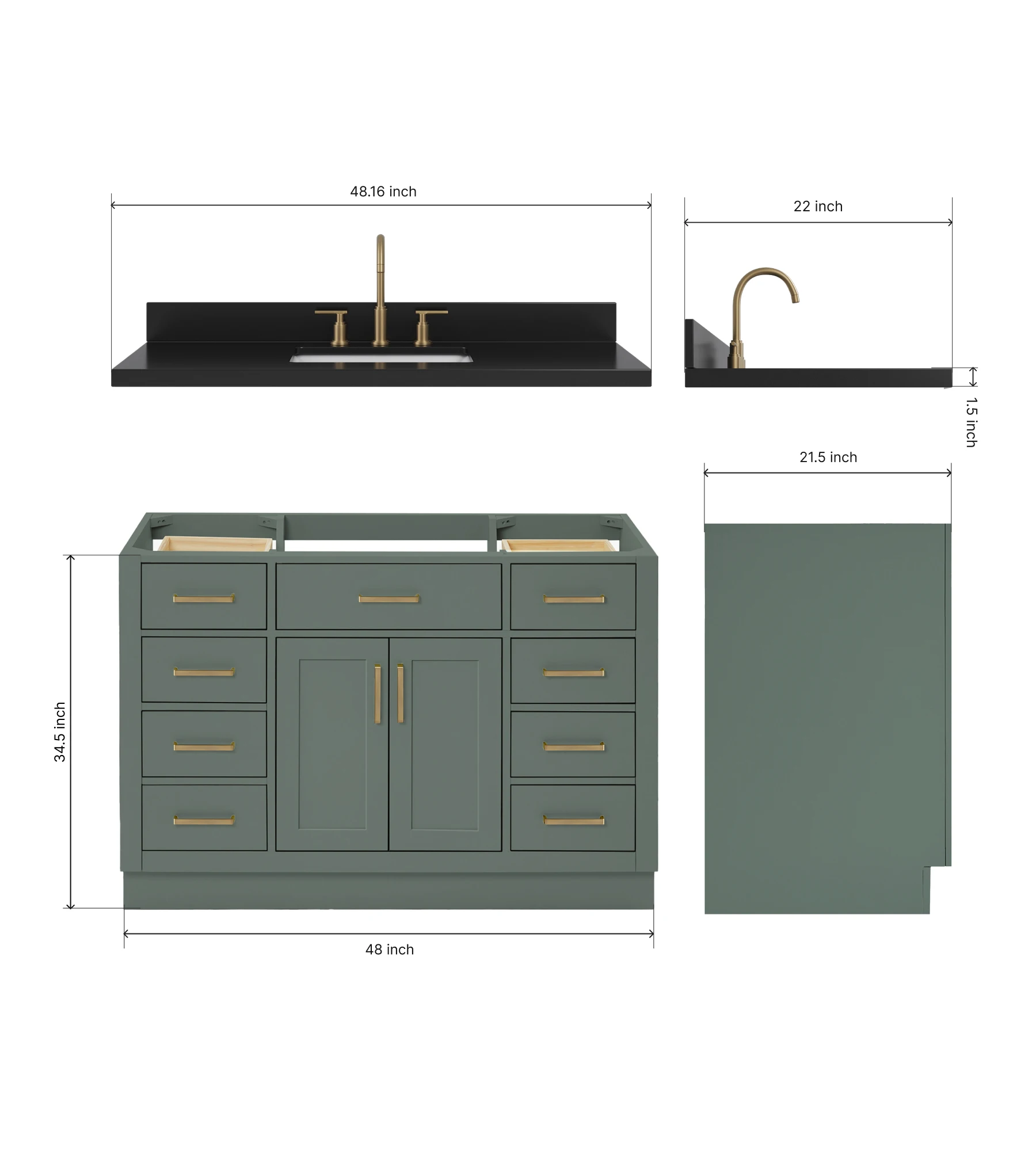 ARIEL Hepburn 48 Inch Single Rectangle Sink Bathroom Vanity With Carbon Black Quartz Countertop 1.5 Inch In Vintage Sage Green