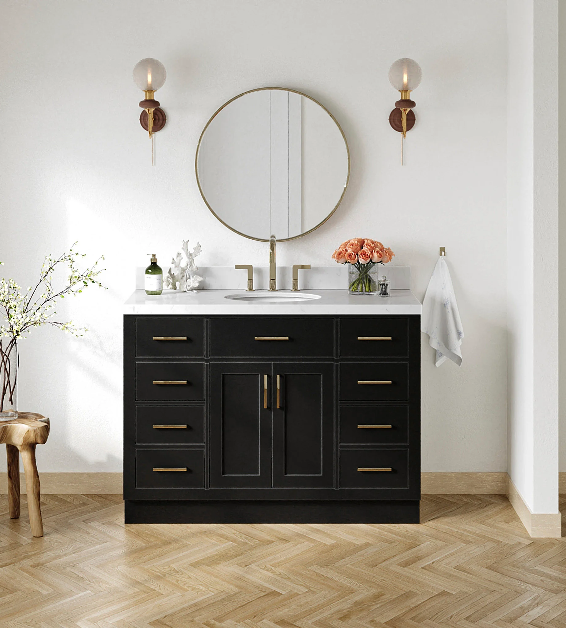 ARIEL Hepburn 48 Inch Oval Sink Bathroom Vanity With Carrara White Quartz Countertop 1.5 Inch Edge In Black