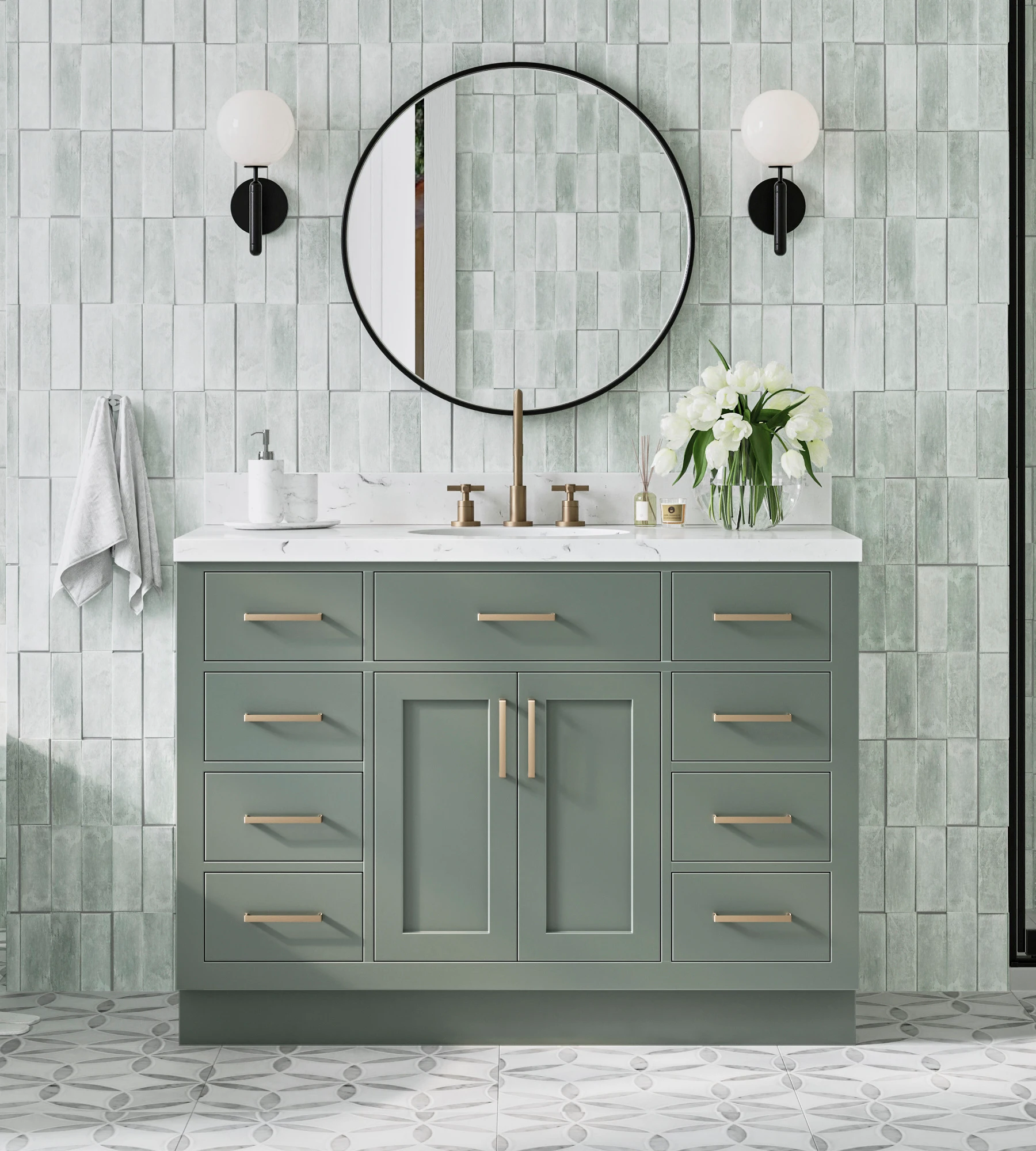 ARIEL Hepburn 48 Inch Oval Sink Bathroom Vanity With Carrara White Quartz Countertop 1.5 Edge In Vintage Sage Green