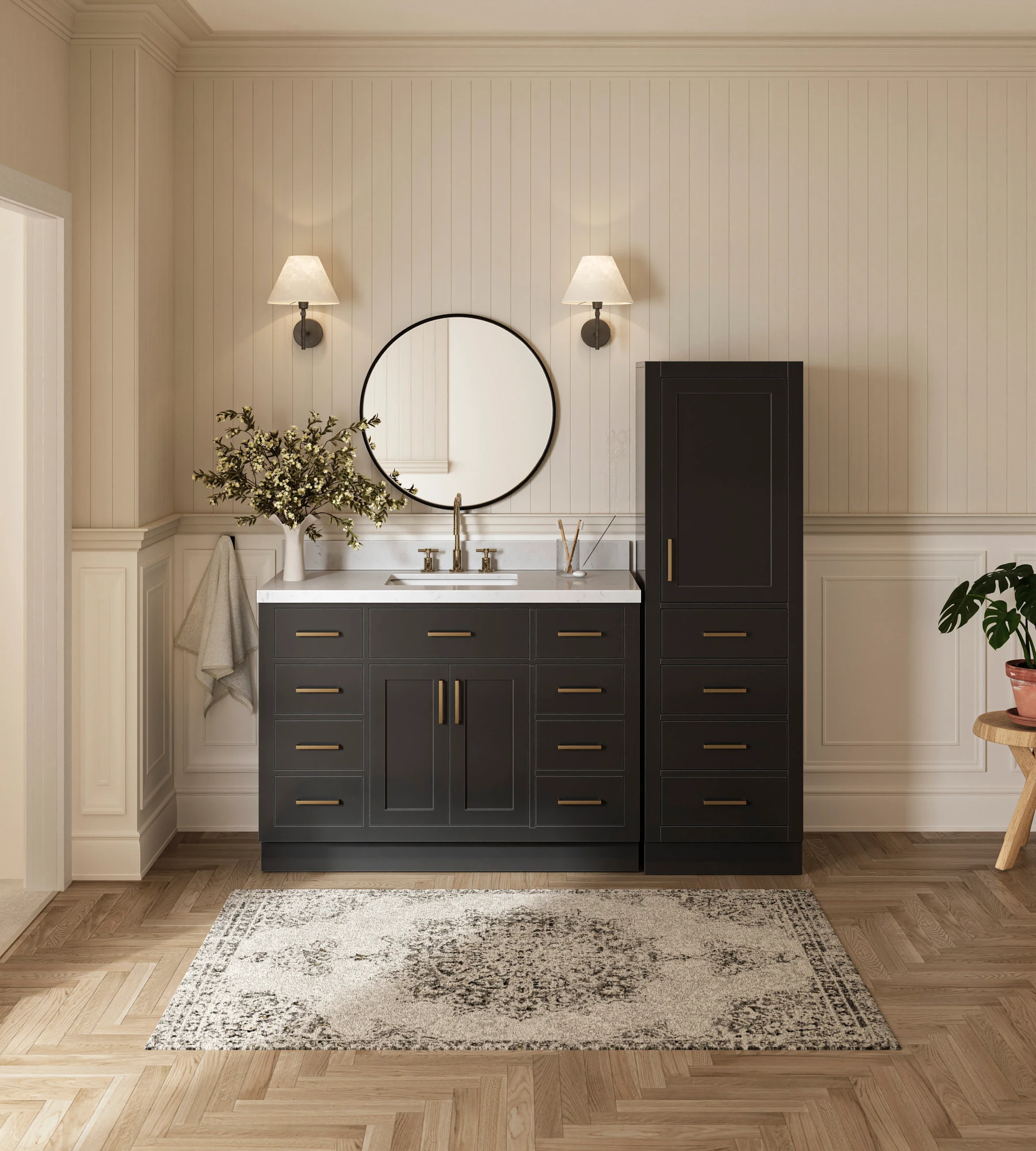 ARIEL Hepburn 68" Single Bathroom Vanity With Linen Cabinet In Black