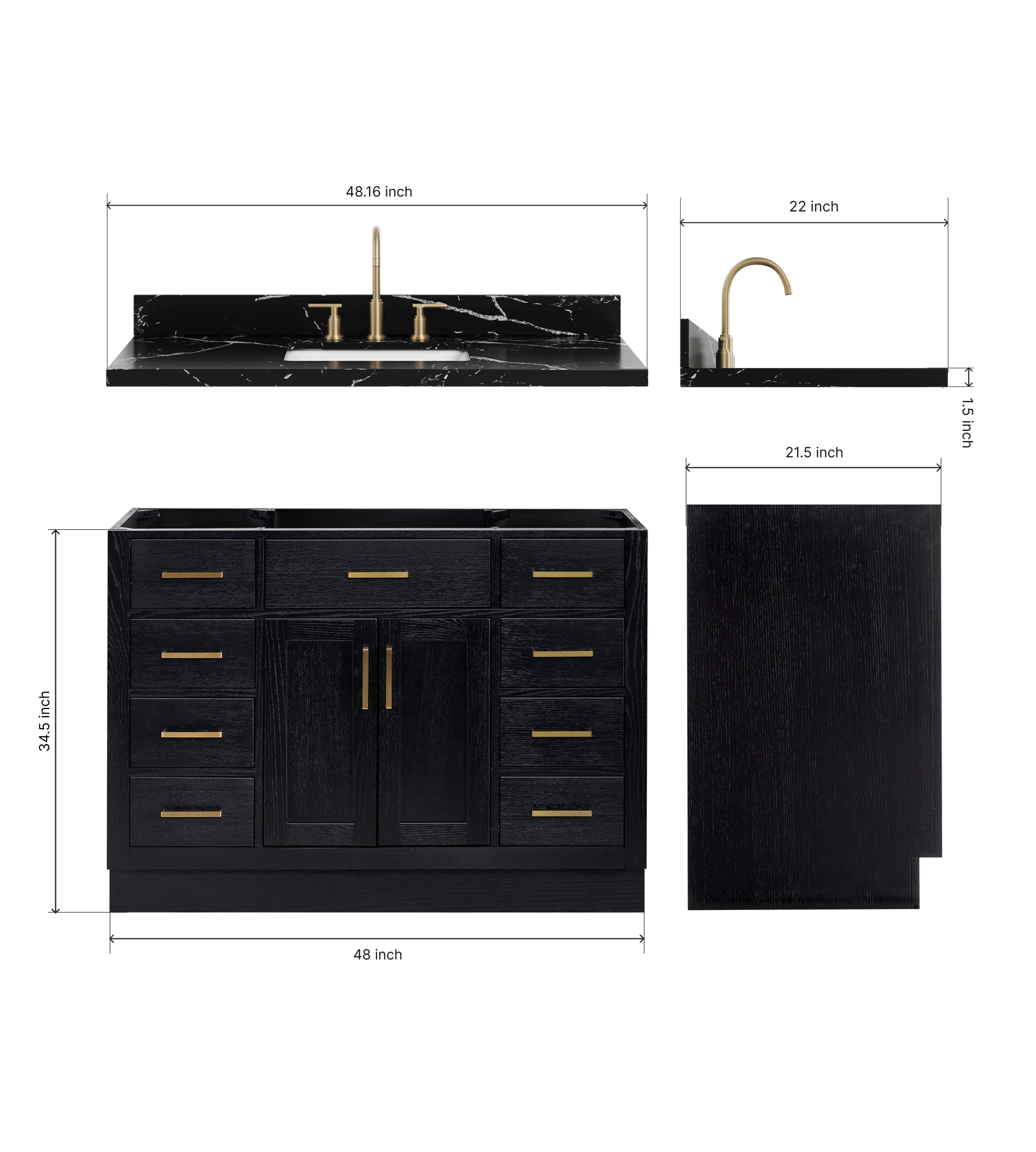 ARIEL Hepburn 48 Inch Single Rectangular Sink Bathroom Vanity With Nero Marquina Black Quartz Countertop 1.5 Inch In Black Oak