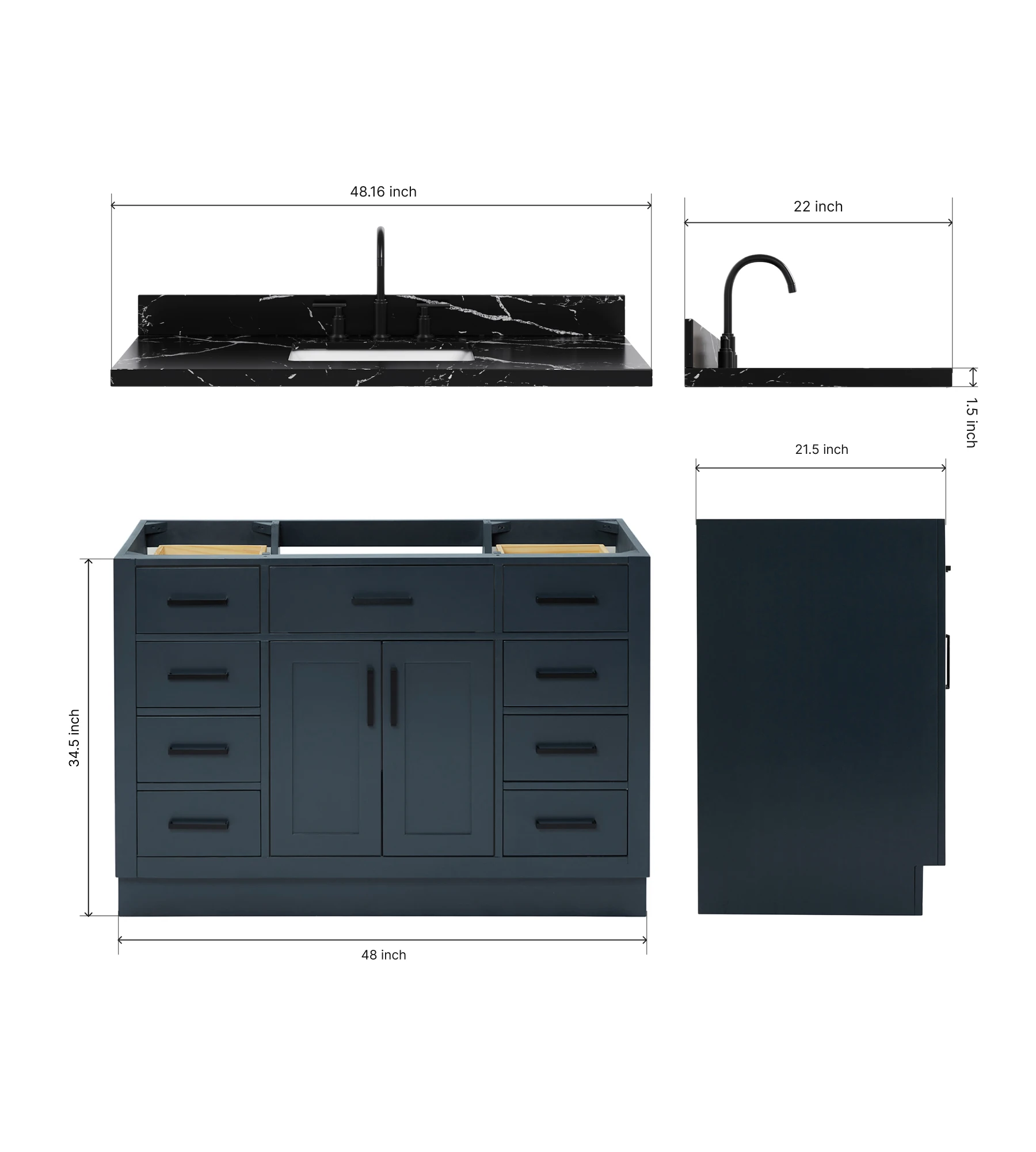 ARIEL Hepburn 48 Inch Single Rectangular Sink Bathroom Vanity With Nero Marquina Black Quartz Countertop 1.5 Inch In Midnight Blue