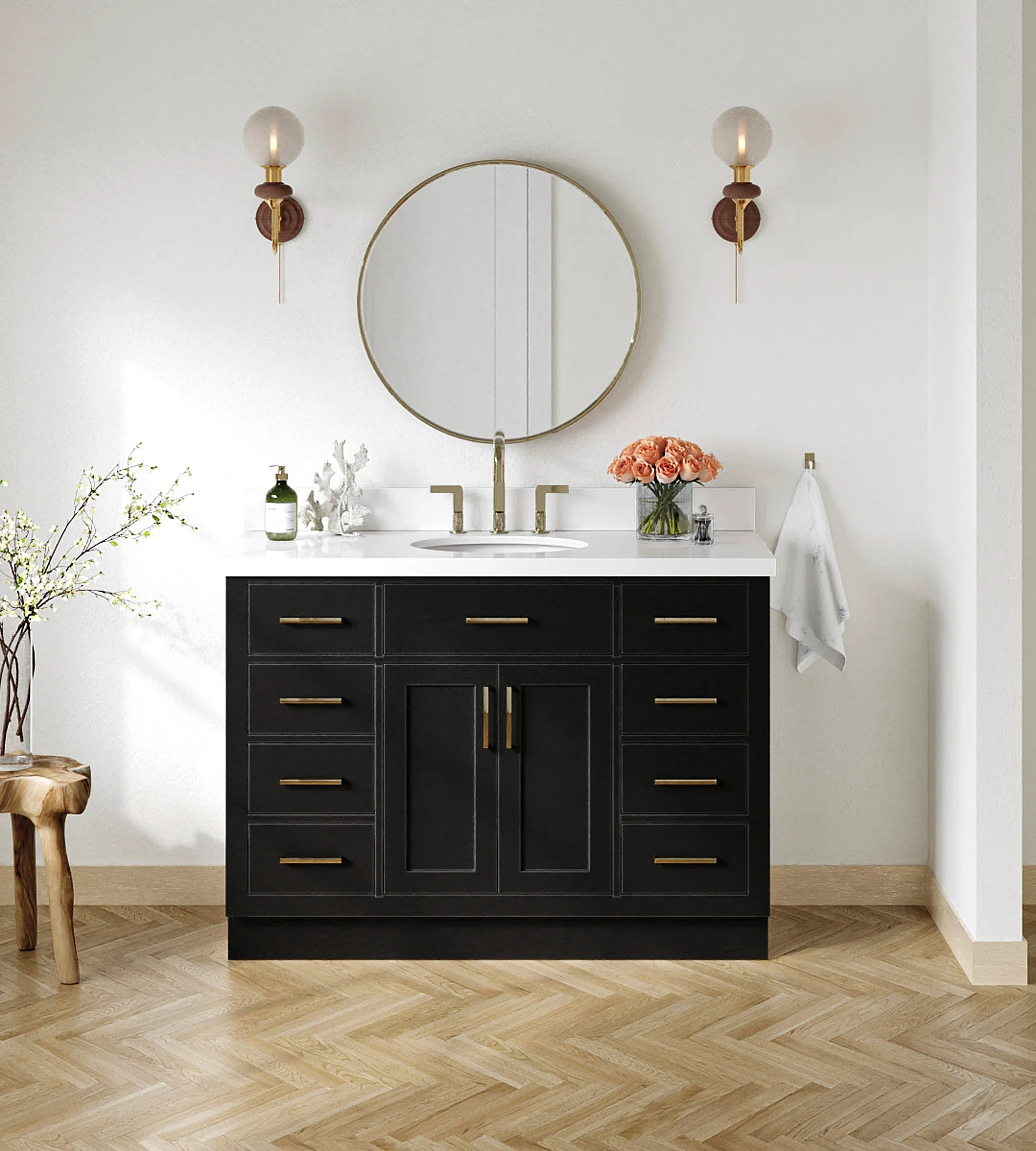 ARIEL Hepburn 49 Inch Oval Sink Bathroom Vanity With White Quartz Countertop 1.5 Inch Edge In Black