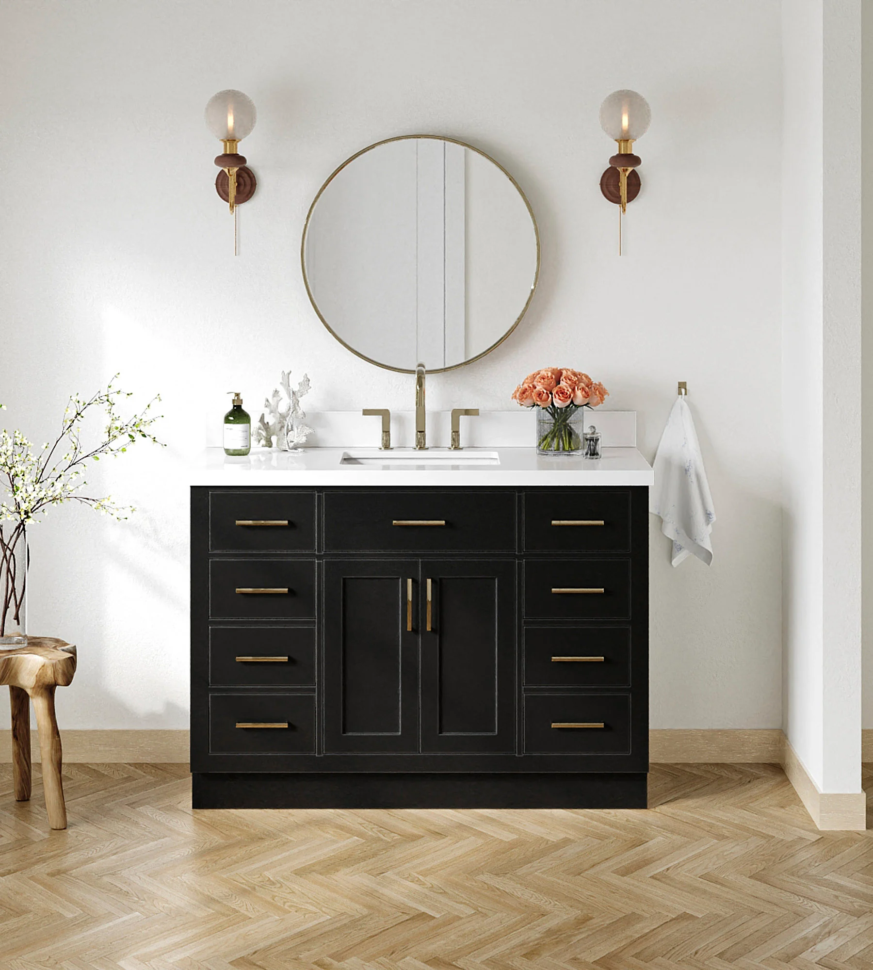 ARIEL Hepburn 49 Inch Rectangle Sink Bathroom Vanity With White Quartz Countertop 1.5 Inch Edge In Black