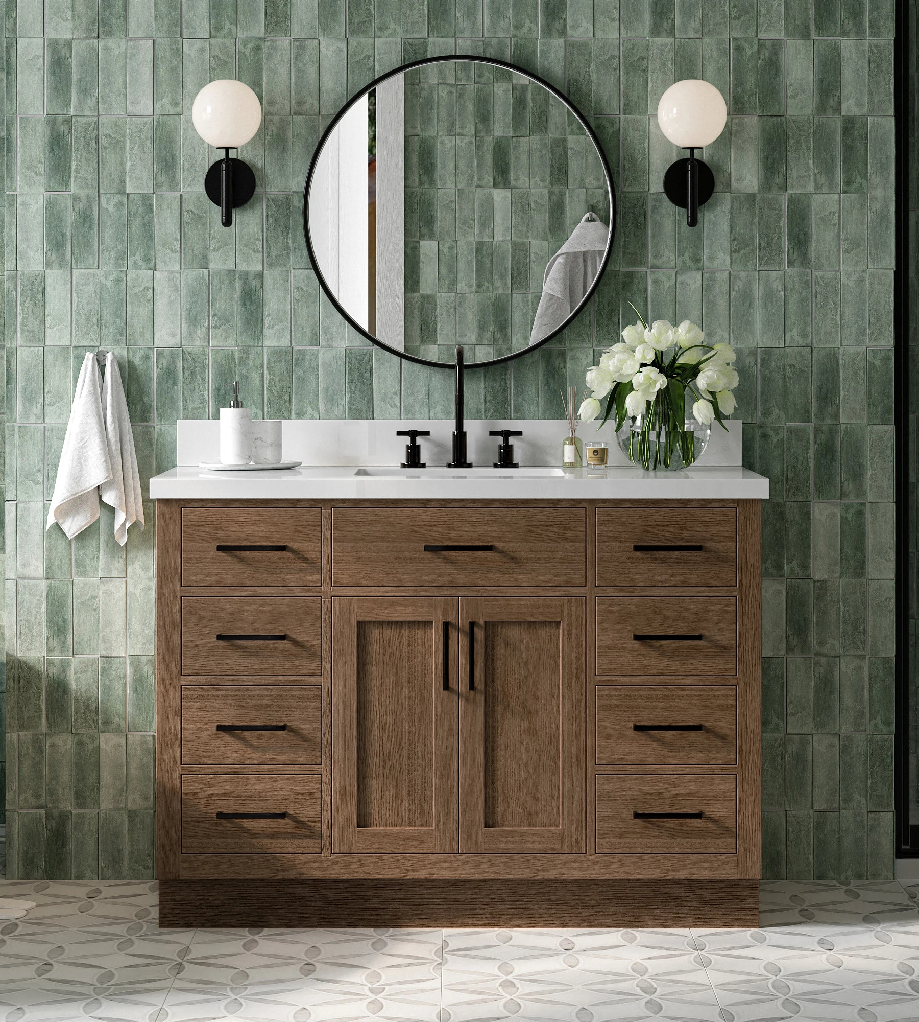 ARIEL Hepburn 49 Inch Single Rectangle Sink Bathroom Vanity With Pure White Quartz Countertop 1.5 Inch In Brown Oak