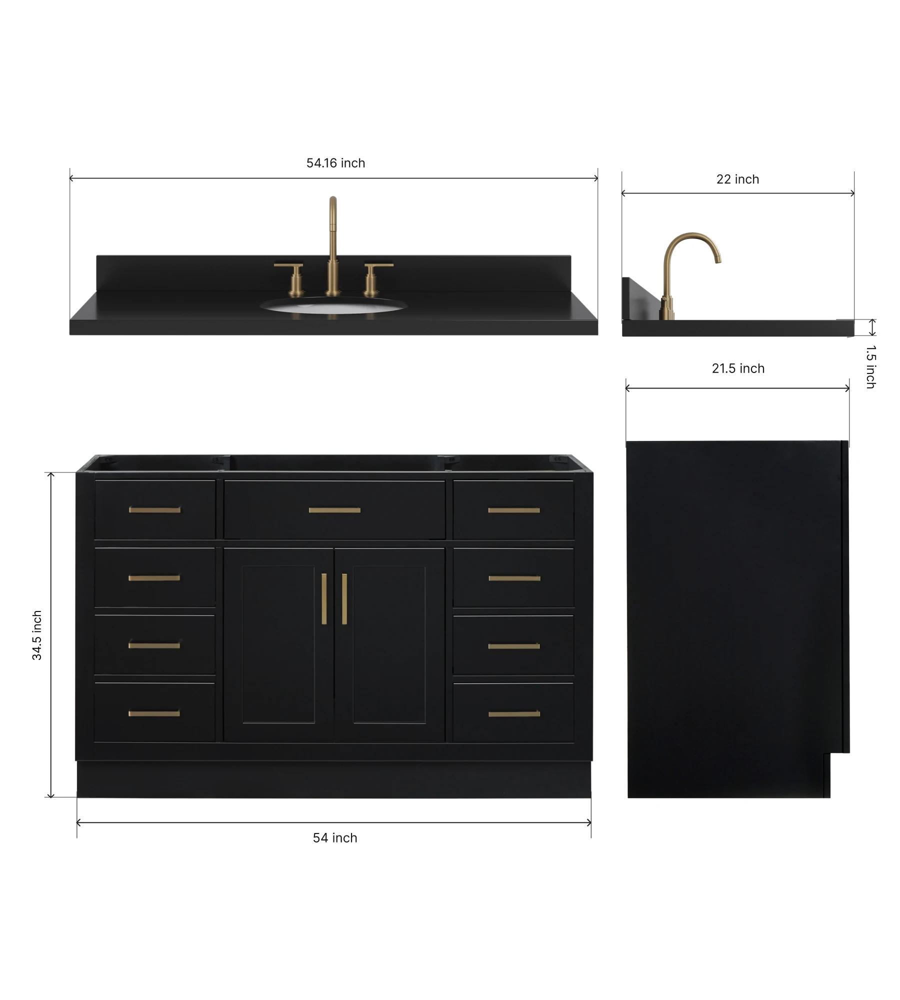 ARIEL Hepburn 54 Inch Single Oval Sink Bathroom Vanity With Carbon Black Quartz Countertop 1.5 Inch In Black