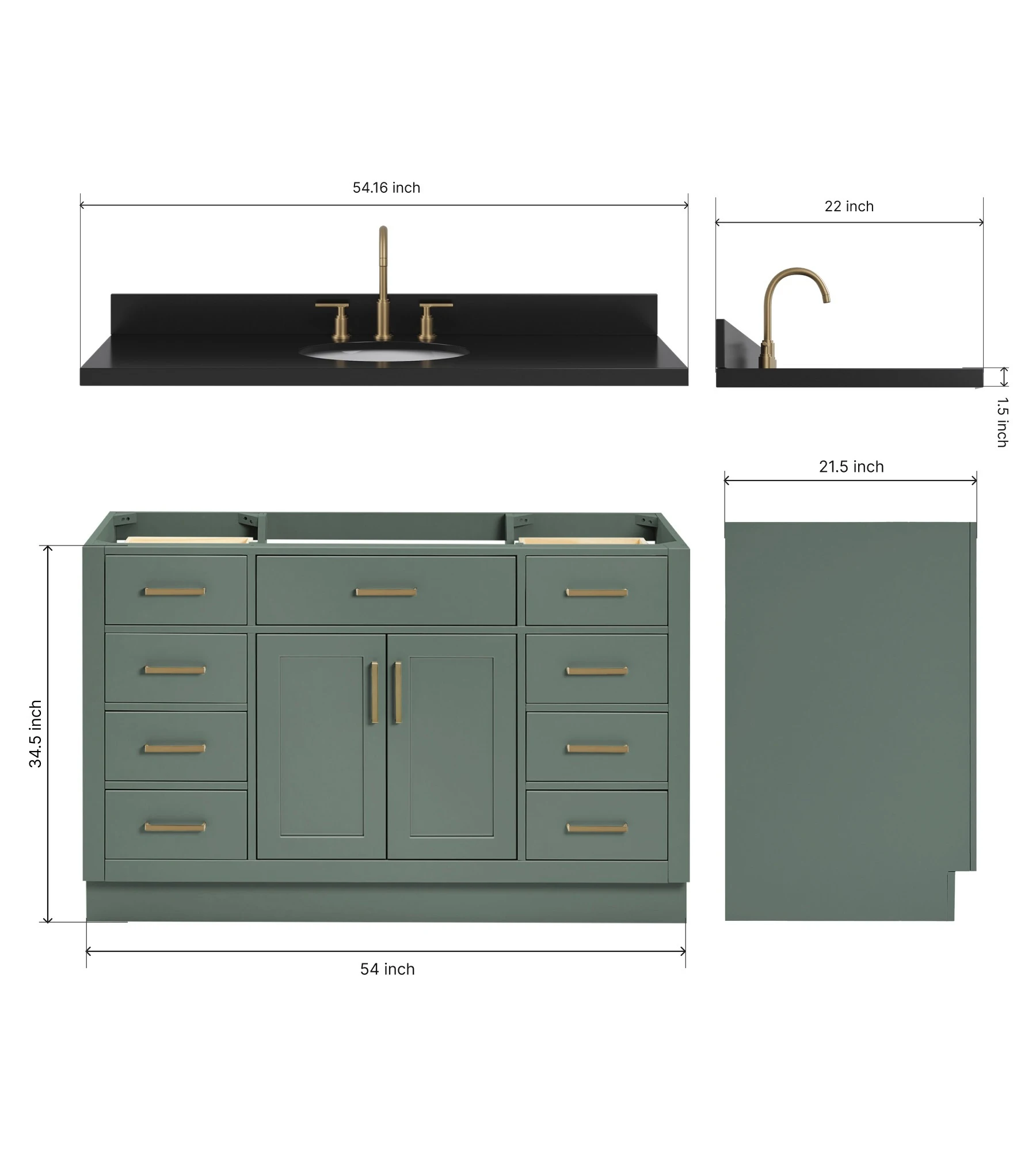 ARIEL Hepburn 54 Inch Single Oval Sink Bathroom Vanity With Carbon Black Quartz Countertop 1.5 Inch In Vintage Sage Green