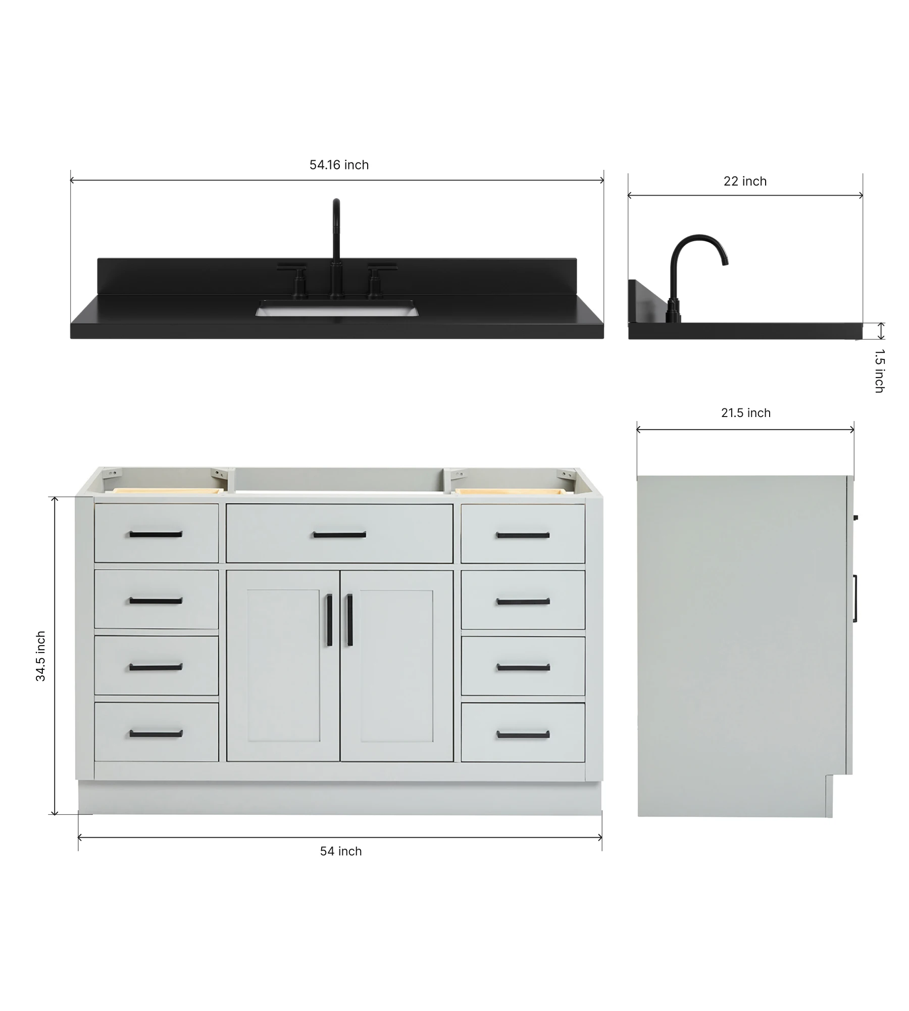ARIEL Hepburn 54 Inch Single Rectangle Sink Bathroom Vanity With Carbon Black Quartz Countertop 1.5 Inch In Grey