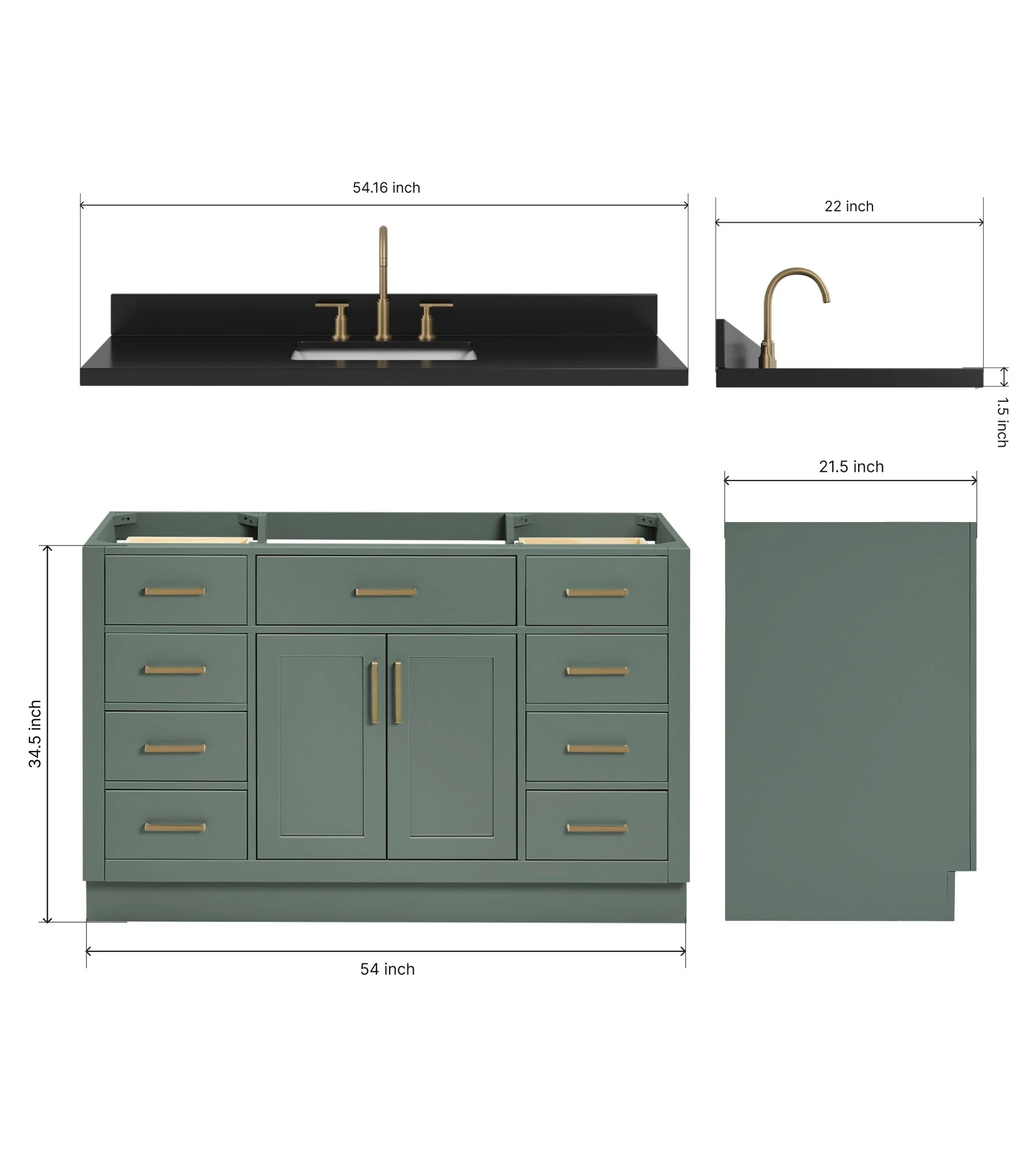 ARIEL Hepburn 54 Inch Single Rectangle Sink Bathroom Vanity With Carbon Black Quartz Countertop 1.5 Inch In Vintage Sage Green