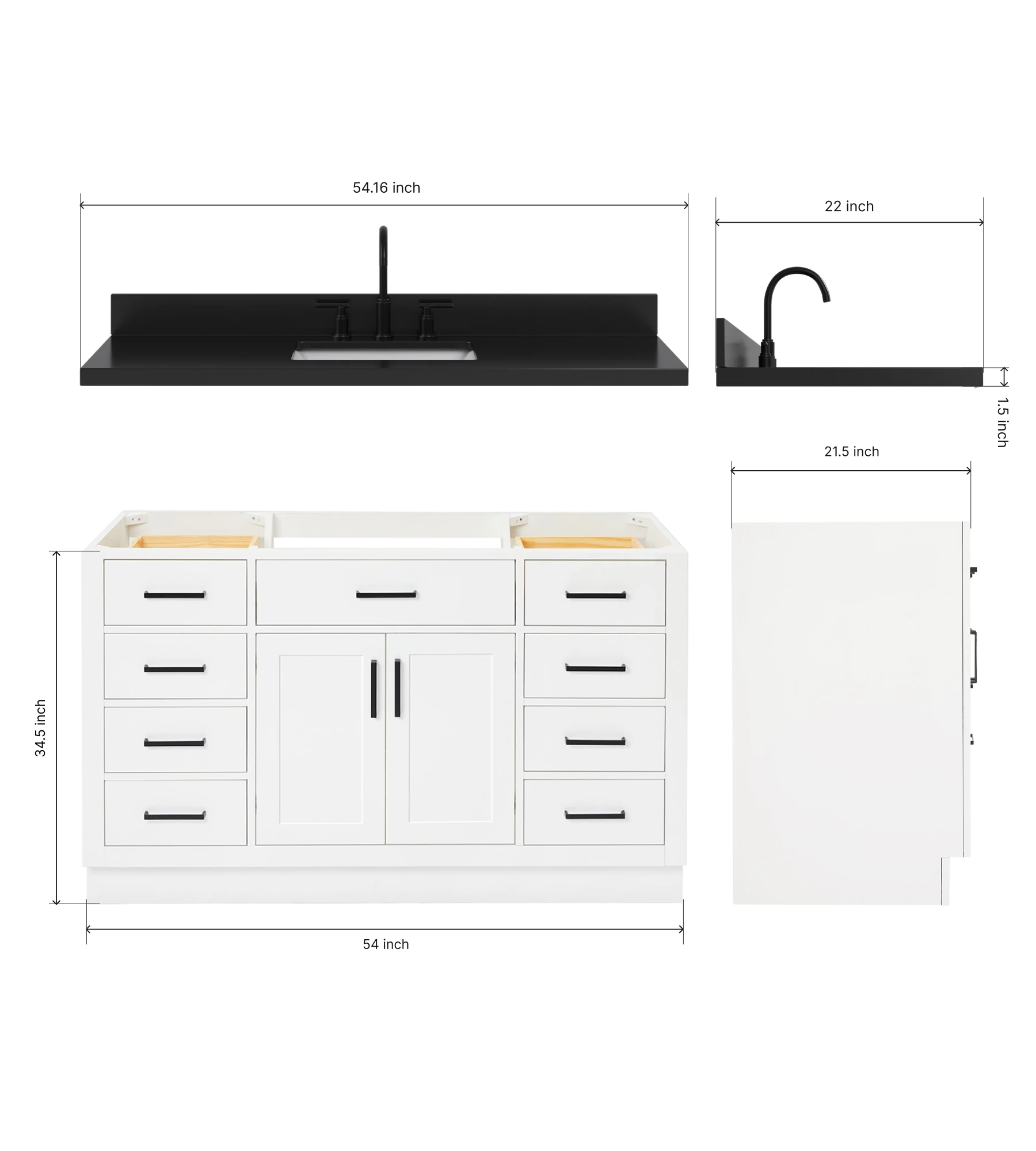ARIEL Hepburn 54 Inch Single Rectangle Sink Bathroom Vanity With Carbon Black Quartz Countertop 1.5 Inch In White
