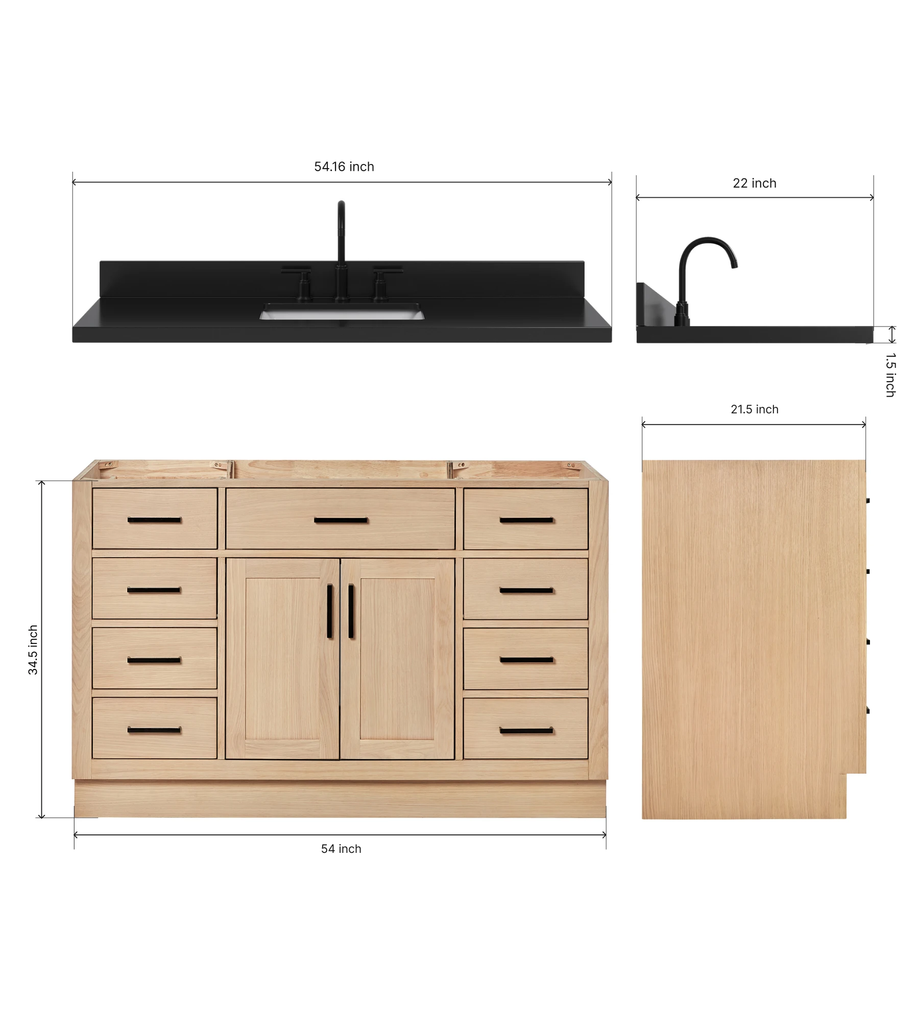 ARIEL Hepburn 54 Inch Single Rectangle Sink Bathroom Vanity With Carbon Black Quartz Countertop 1.5 Inch In Oak